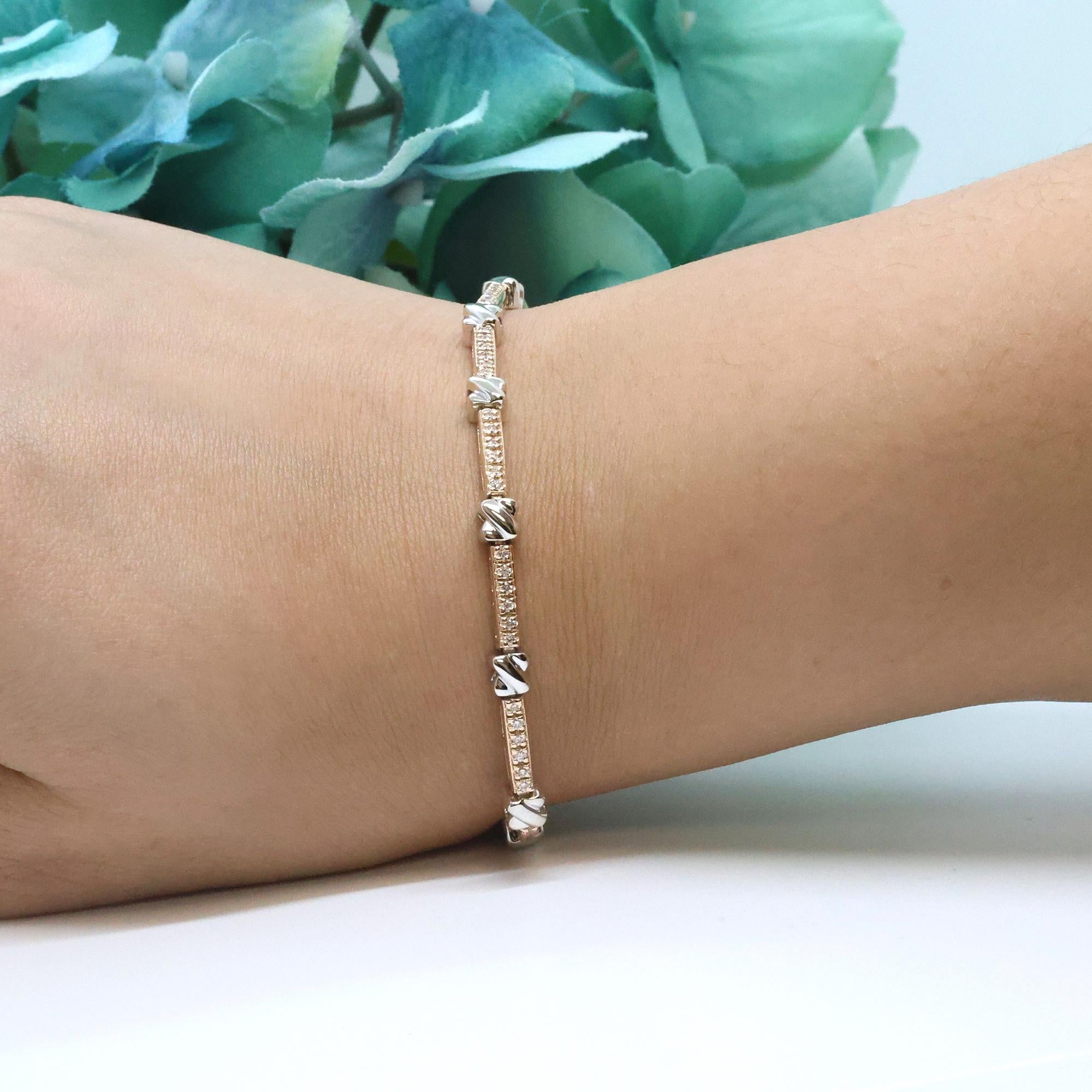 Diamond X Link Station Bracelet 14K Rose and White Gold 1.20 TW 7.25" Estate