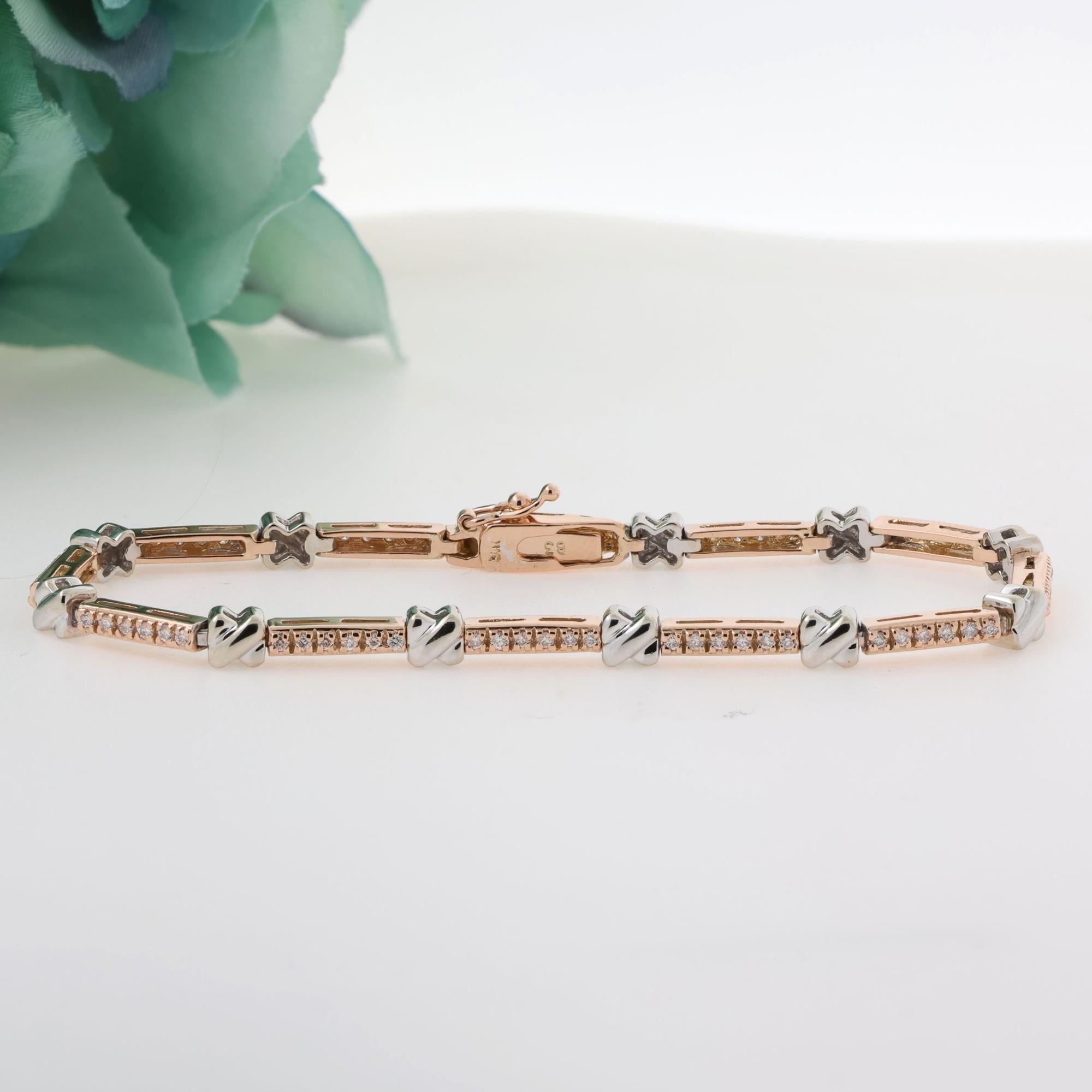 Diamond X Link Station Bracelet 14K Rose and White Gold 1.20 TW 7.25" Estate