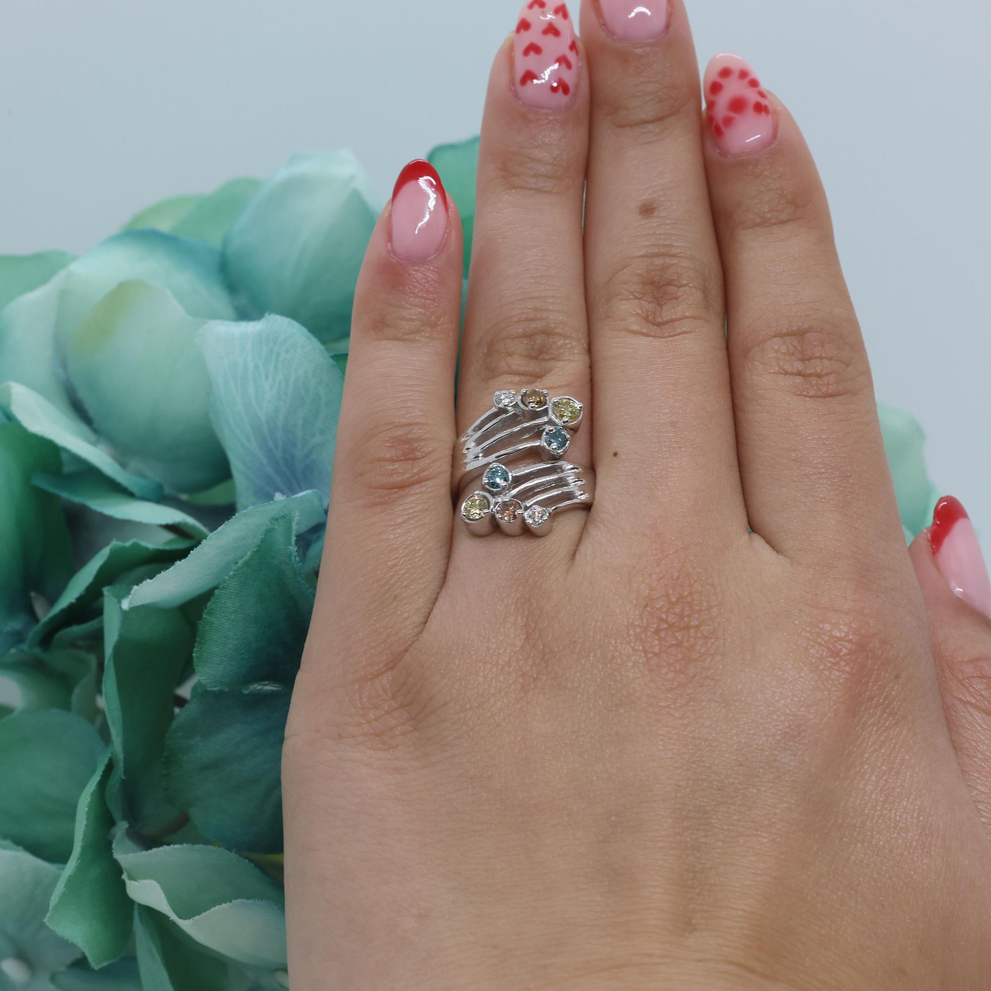 Multi Color Diamond Bypass Ring 0.71 TW 14K White Gold Swirl Size 5.5 Estate