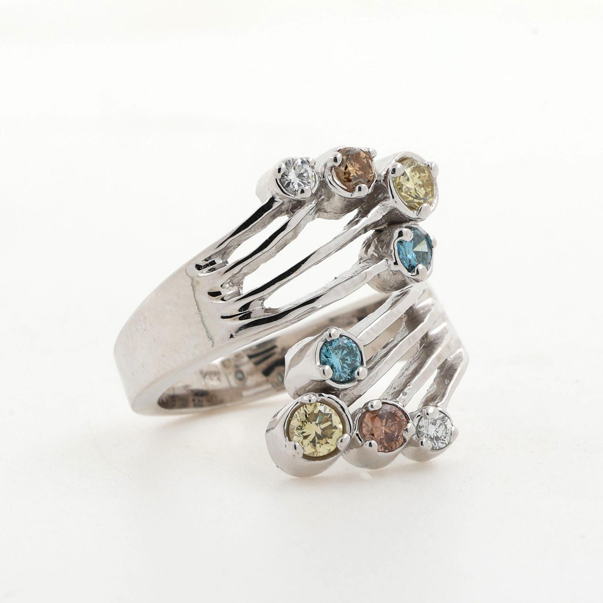 Multi Color Diamond Bypass Ring 0.71 TW 14K White Gold Swirl Size 5.5 Estate