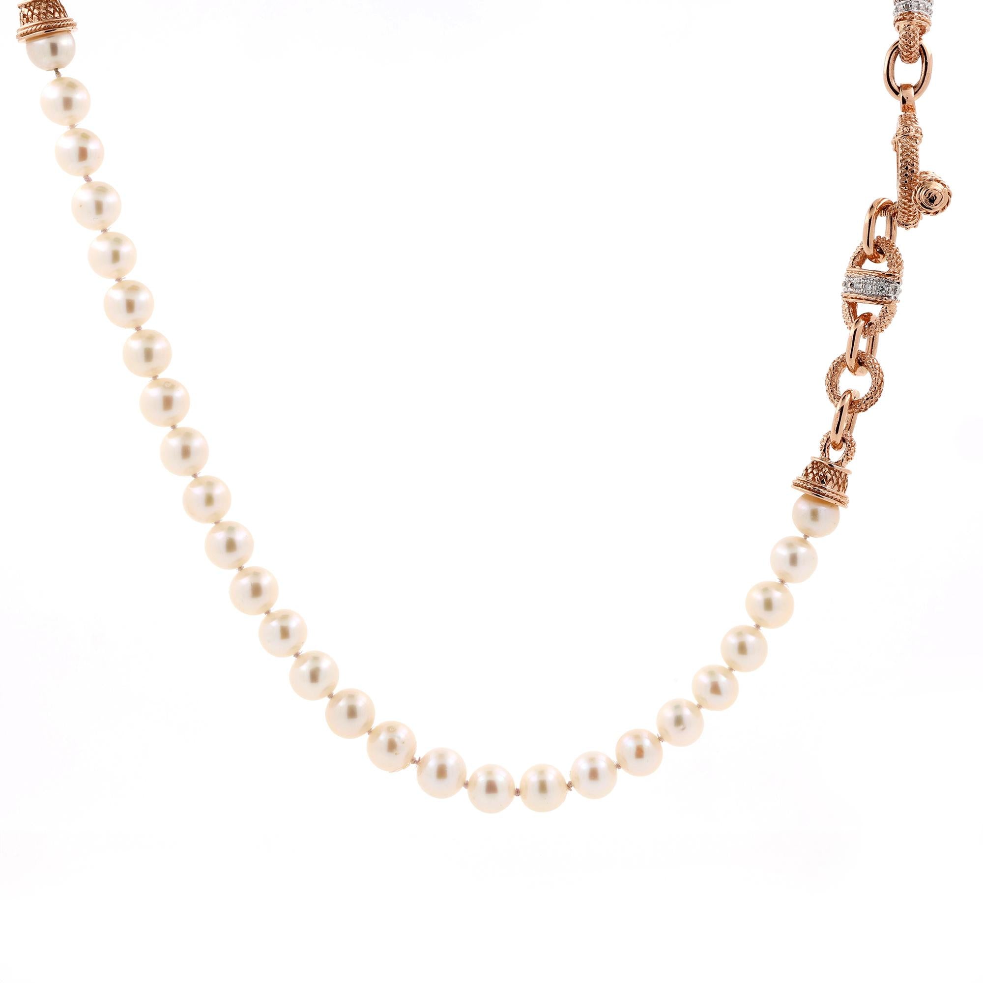 14K Rose Gold Freshwater Pearl Diamond Necklace 0.60 TW 27" Toggle Clasp Estate