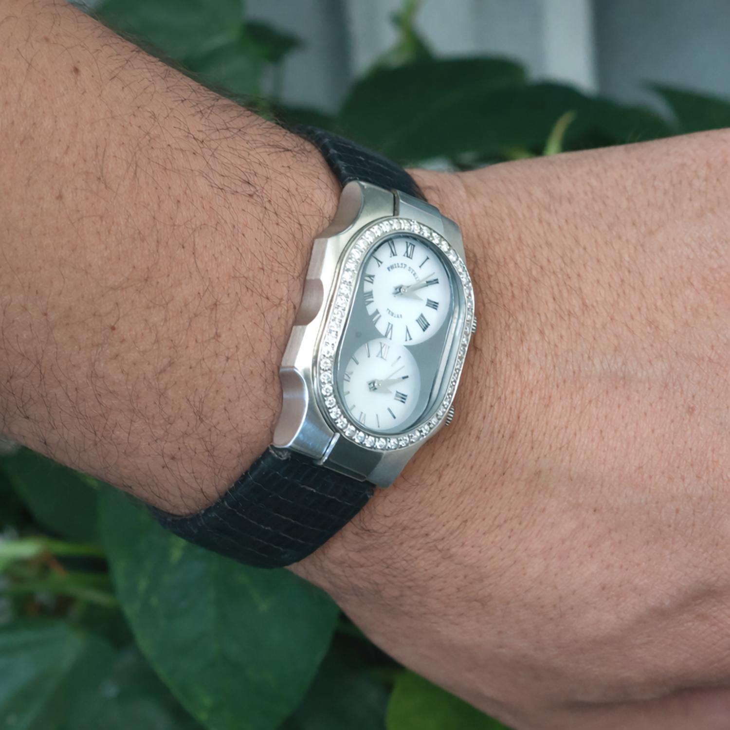 Philip Stein Teslar Dual Time Zone Watch Stainless Steel 0.72 TW Diamonds Estate