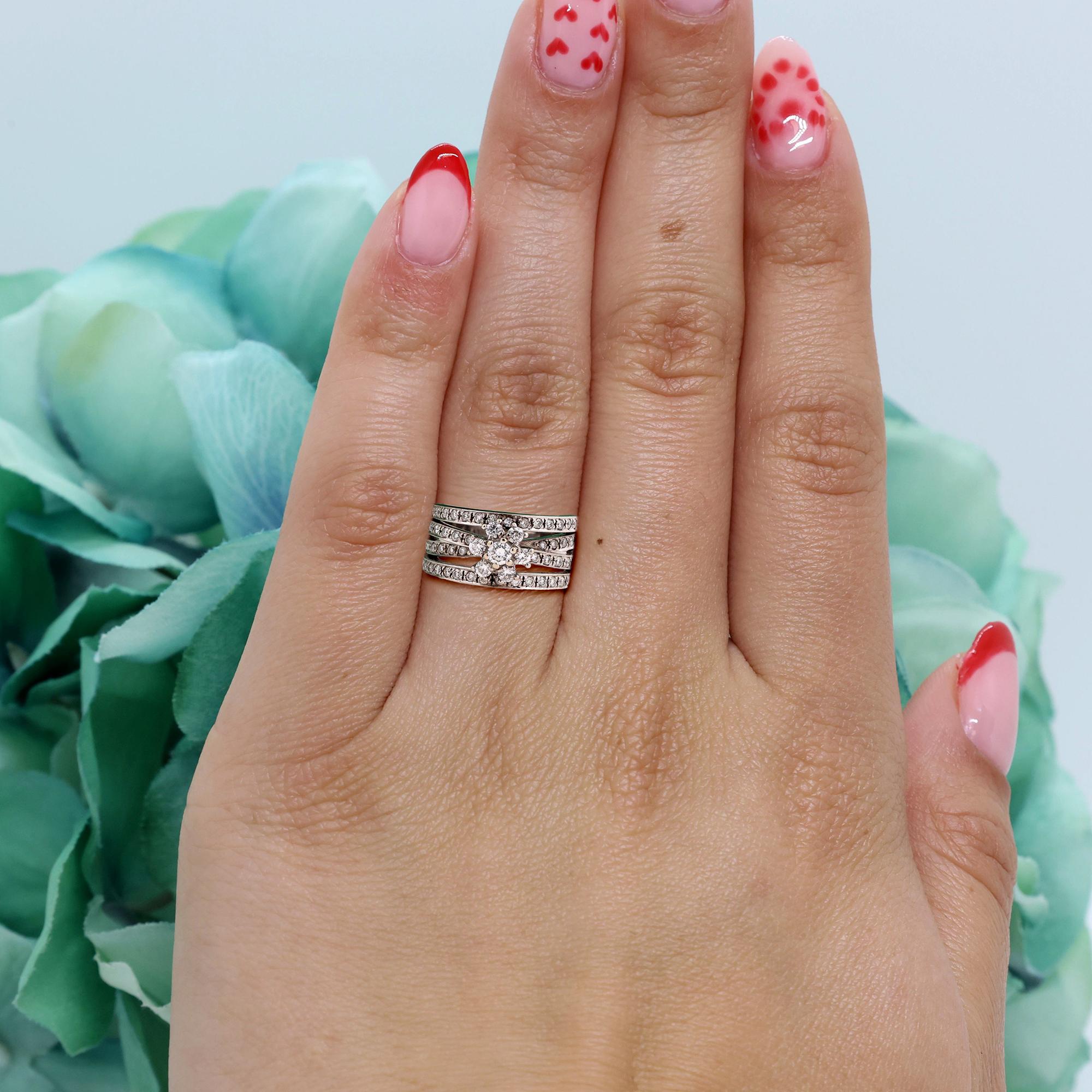1.65 TW Diamond Flower Crossover Wide Dress Ring 14K White Gold Size 6 Estate