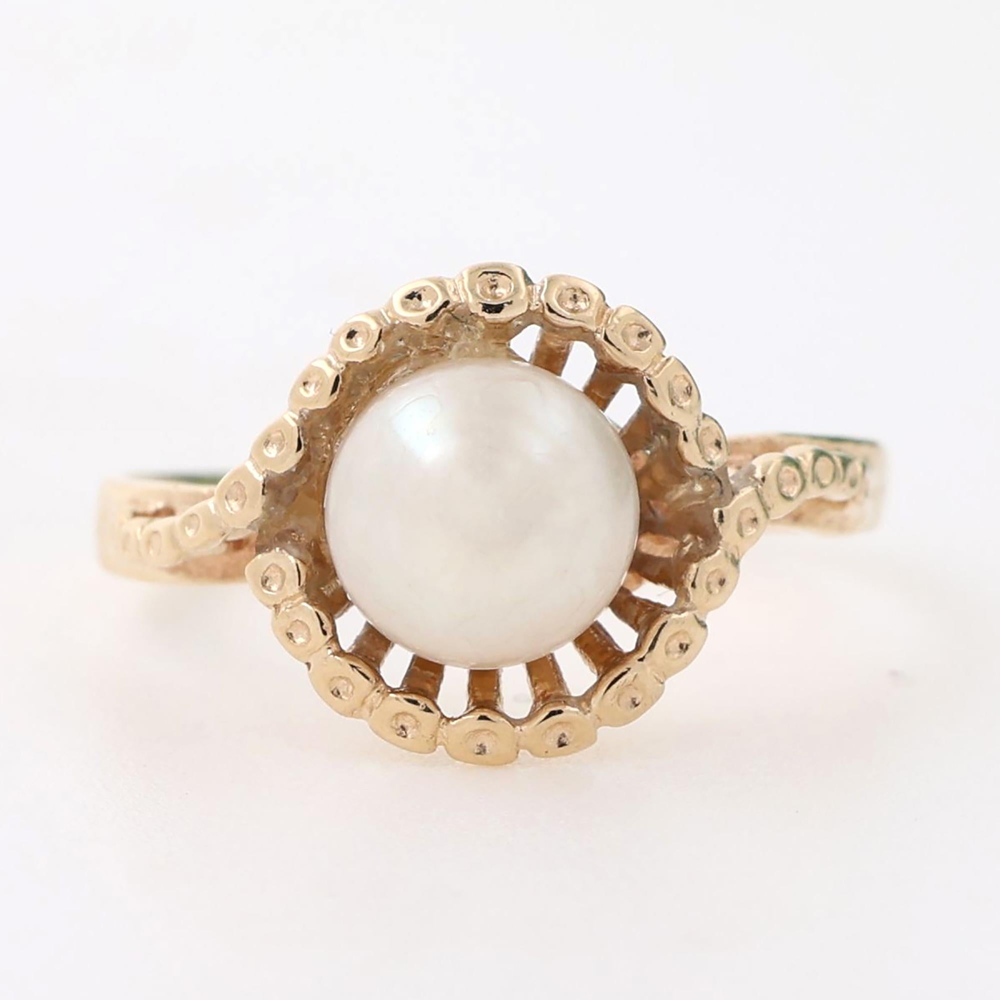 Vintage Solitaire Freshwater Pearl Swirl Ring 14K Yellow Gold Size 7 Estate