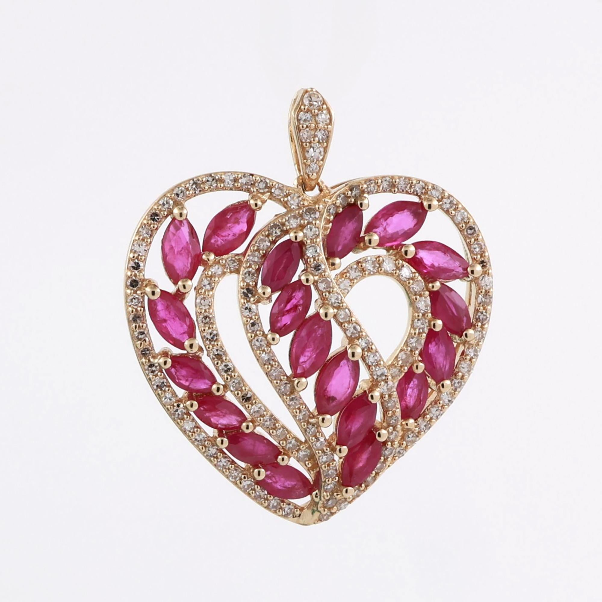 Marquise Ruby Diamond Heart Pendant Charm 14K Yellow Gold 2.13 CTW 1.10" Estate