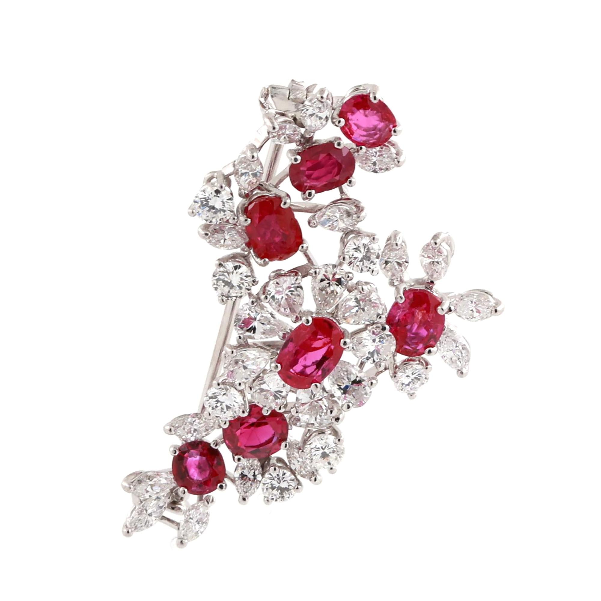 GIA Certified Burmese Ruby Diamond Floral Brooch Pin Platinum 7.10CTW No Heat