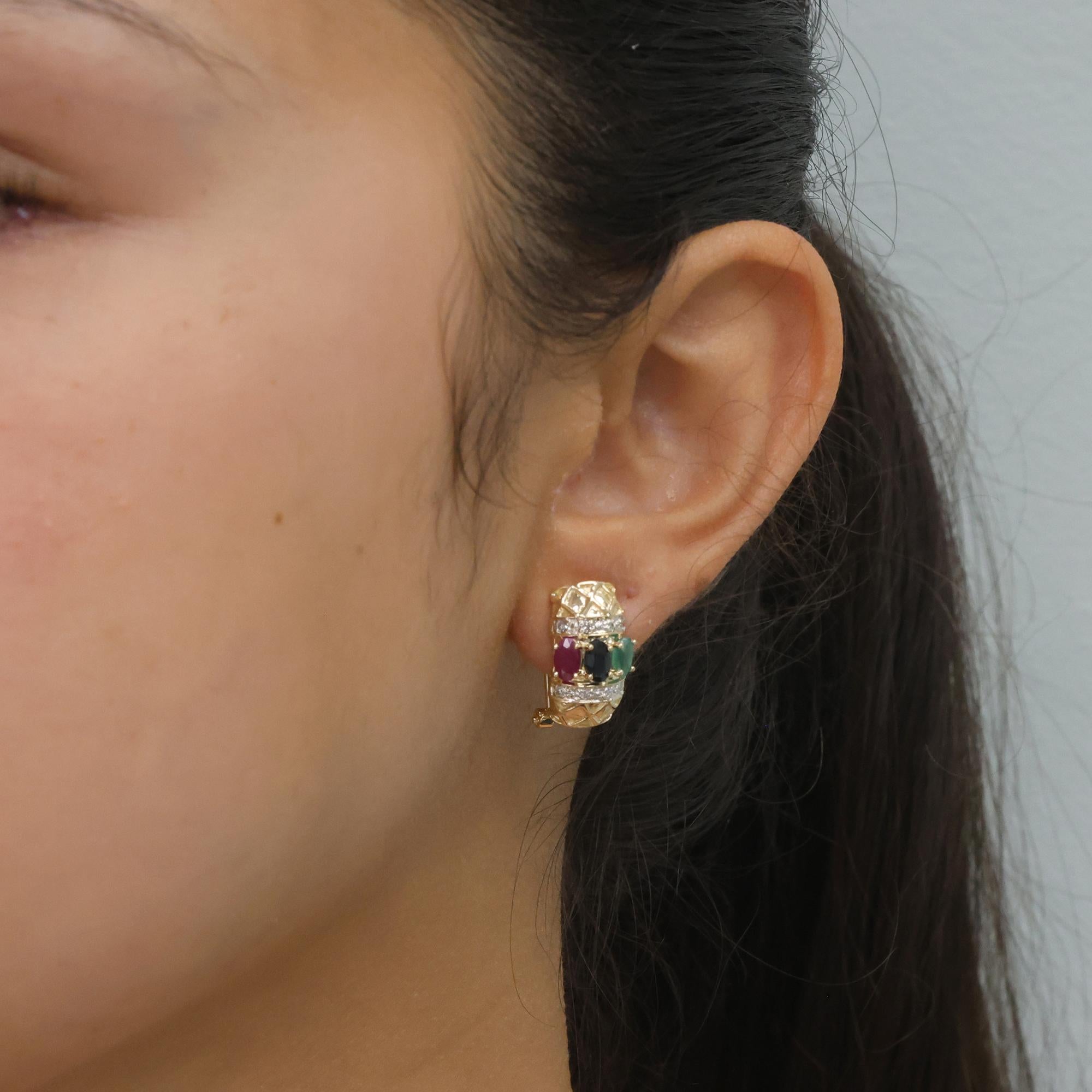 Multi Gemstone Diamond J Hoop Earrings 14K Gold Omega Backs 4.47 CTW 0.60"