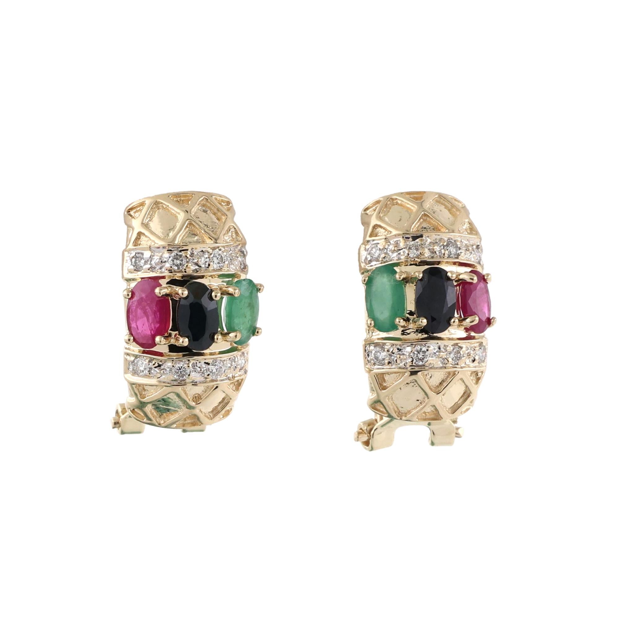 Multi Gemstone Diamond J Hoop Earrings 14K Gold Omega Backs 4.47 CTW 0.60"
