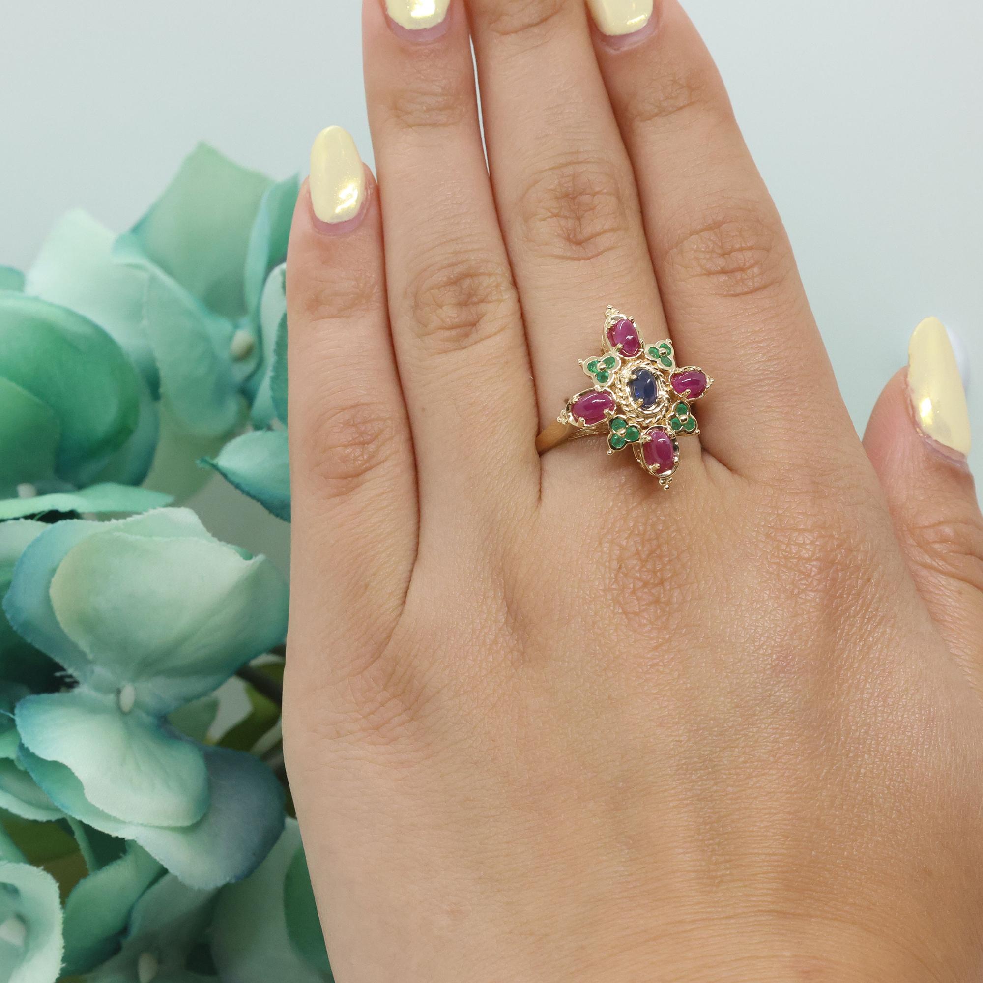 Ruby Sapphire Emerald Statement Ring 14K Yellow Gold 2.40 CTW Cabochon Gems SZ 7