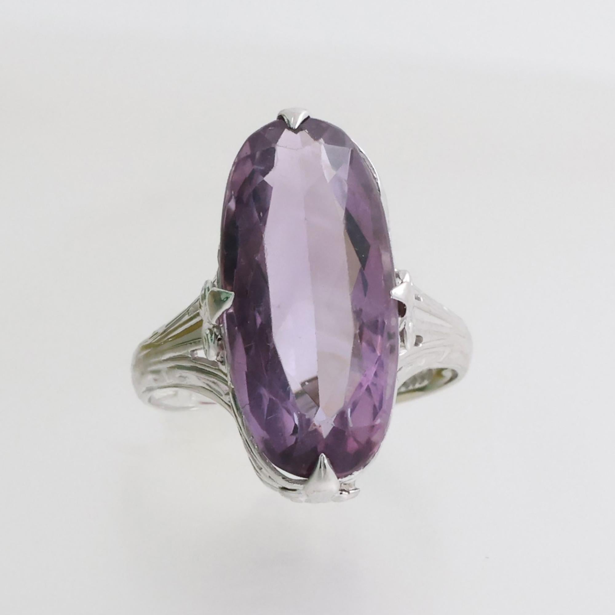 Vintage Solitaire Amethyst Filigree Ring 14K White Gold 4.75 CT Size 4 Ladies