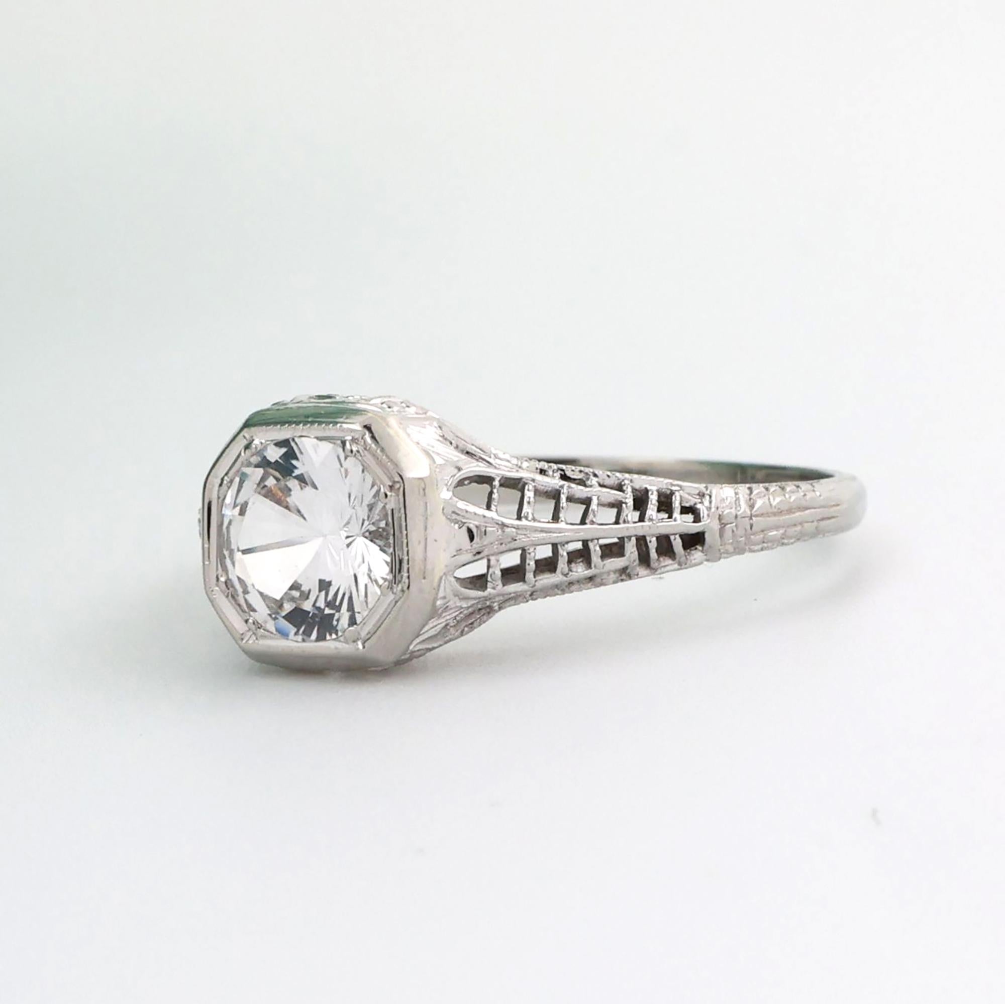 Vintage Solitaire White Sapphire Filigree Ring 18K White Gold 1.45 CT Size 7.5