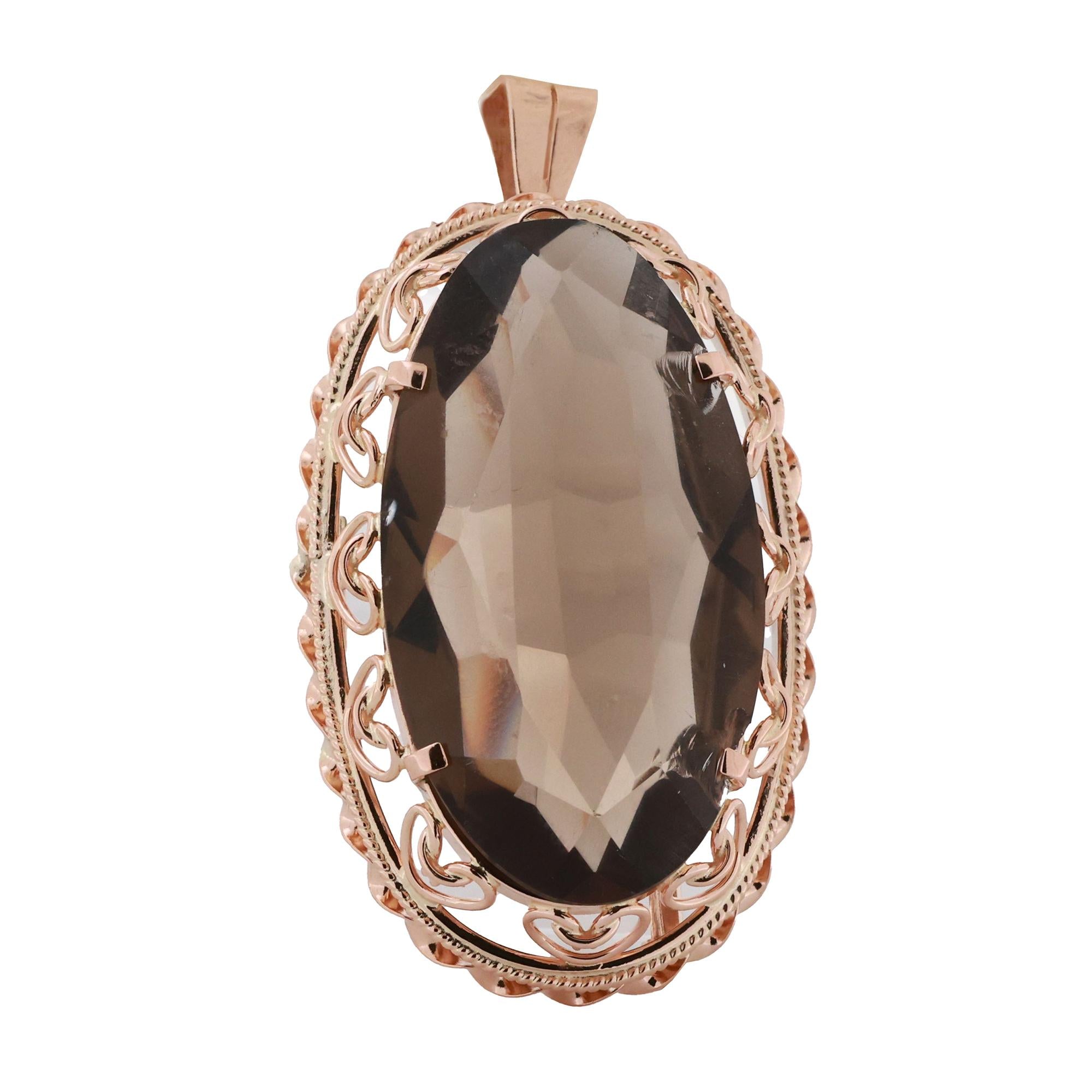 Vintage Smoky Quartz Pendant Brooch Pin 14K Yellow Gold 58CT Oval Gemstone 2.05"