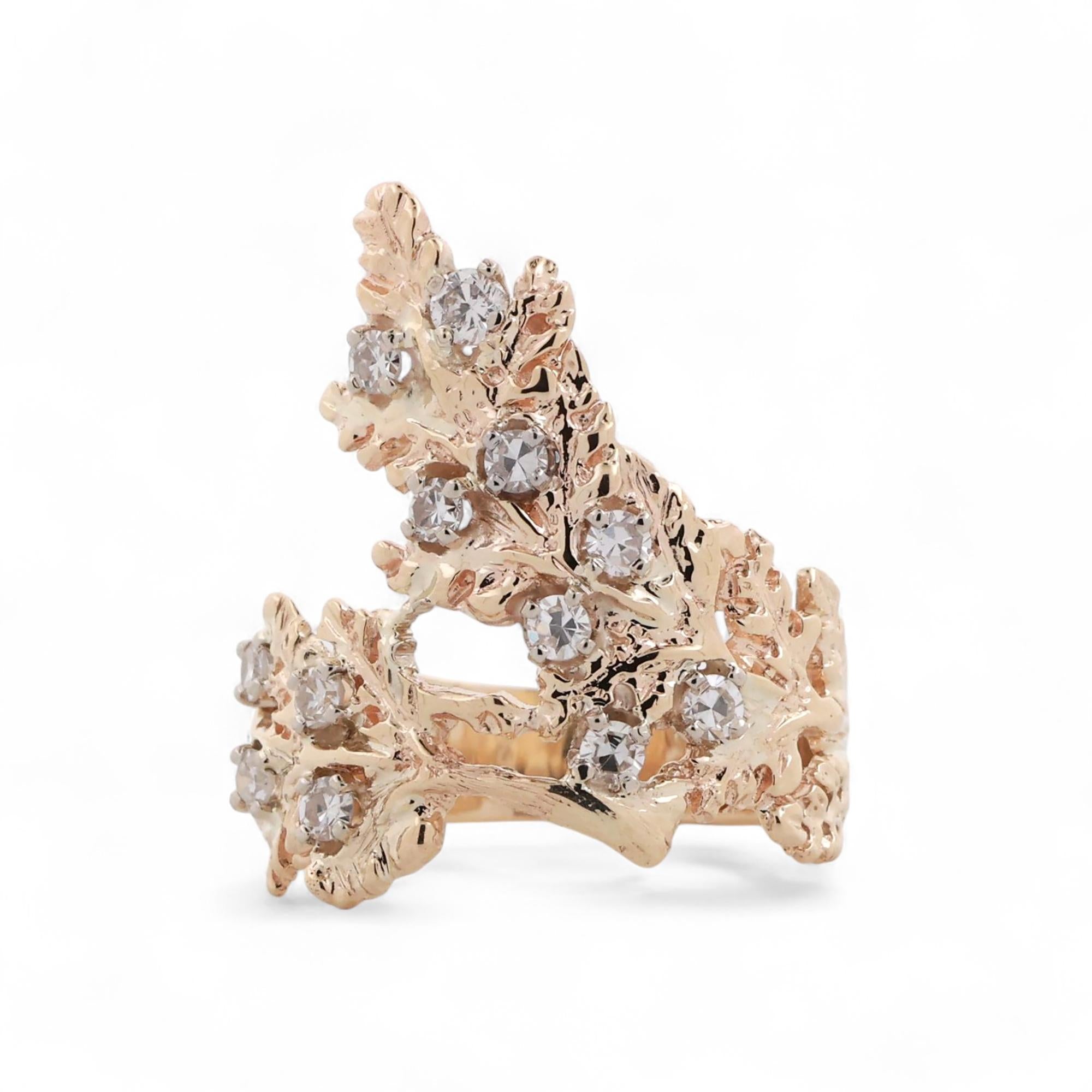 0.50 TW Diamond Leaf Wide Band Statement Ring 14K Yellow Gold Size 9.5 Ladies