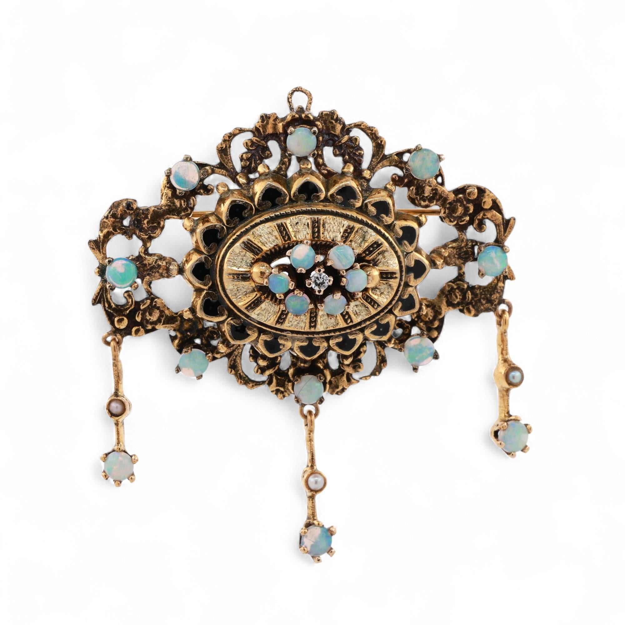 Vintage Opal Diamond Pearl Enamel Brooch Pin Pendant 14K Gold 2" Estate