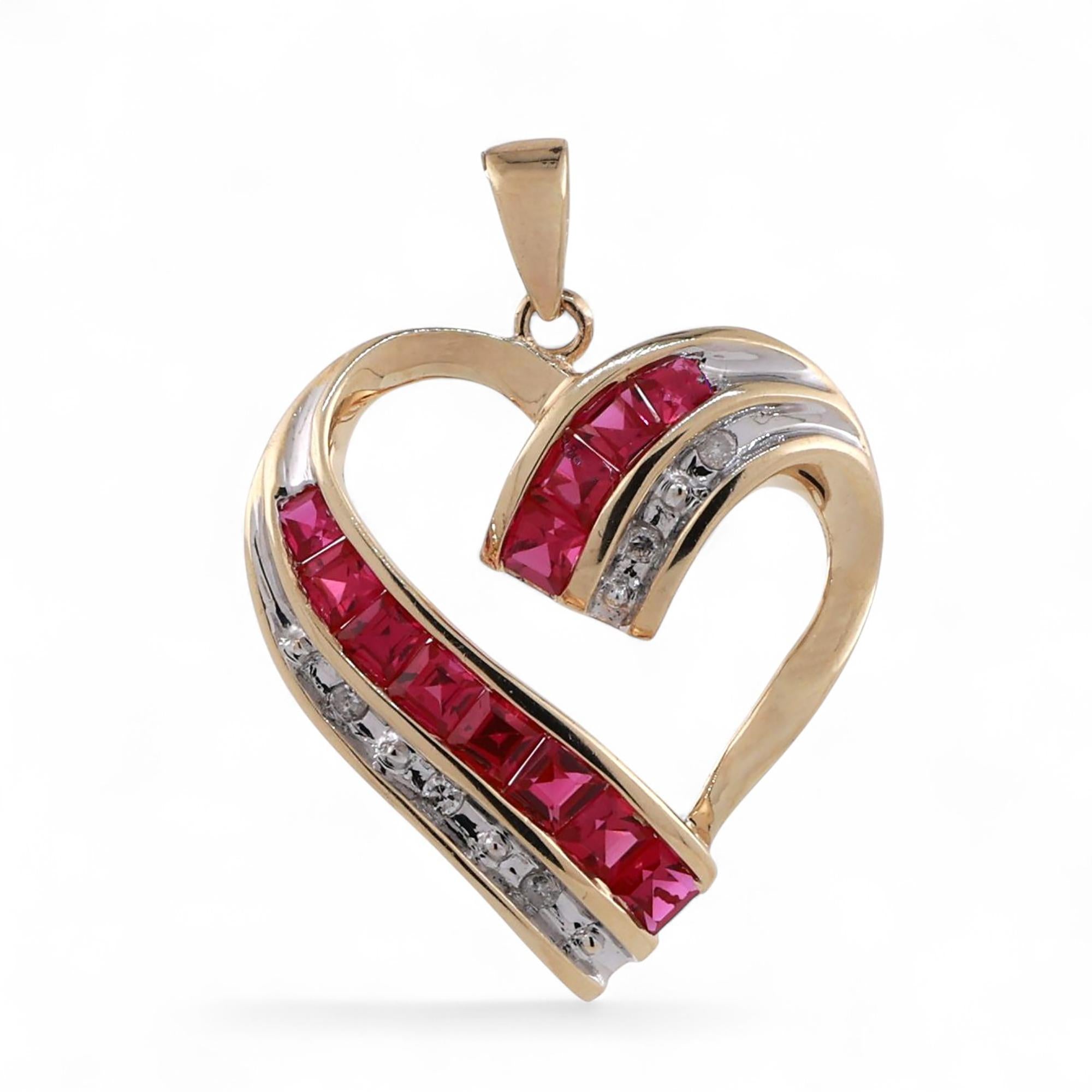 Ruby Diamond Open Heart Pendant 10K Gold 0.71 CTW Lab Grown Rubies 1.10"