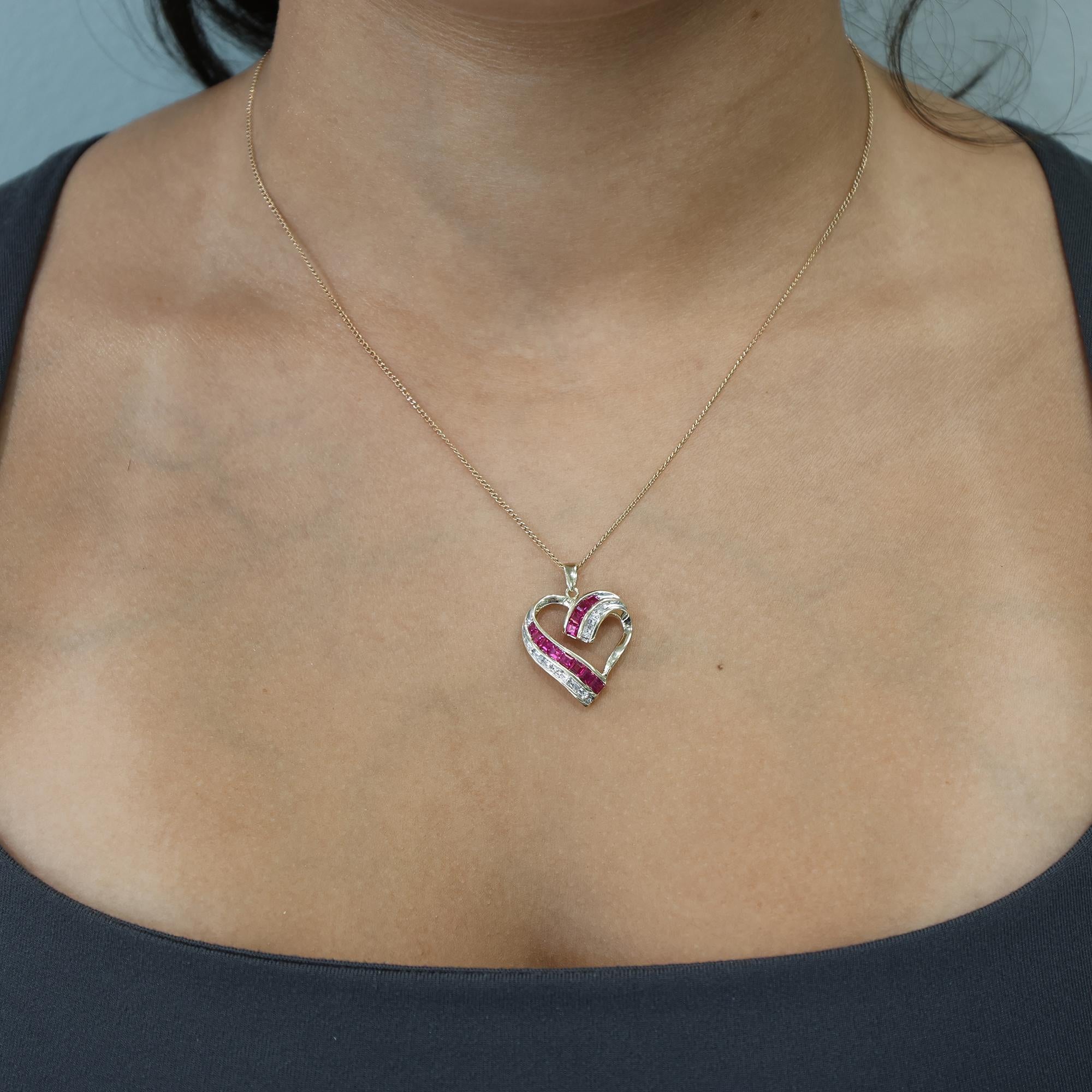 Ruby Diamond Open Heart Pendant 10K Gold 0.71 CTW Lab Grown Rubies 1.10"