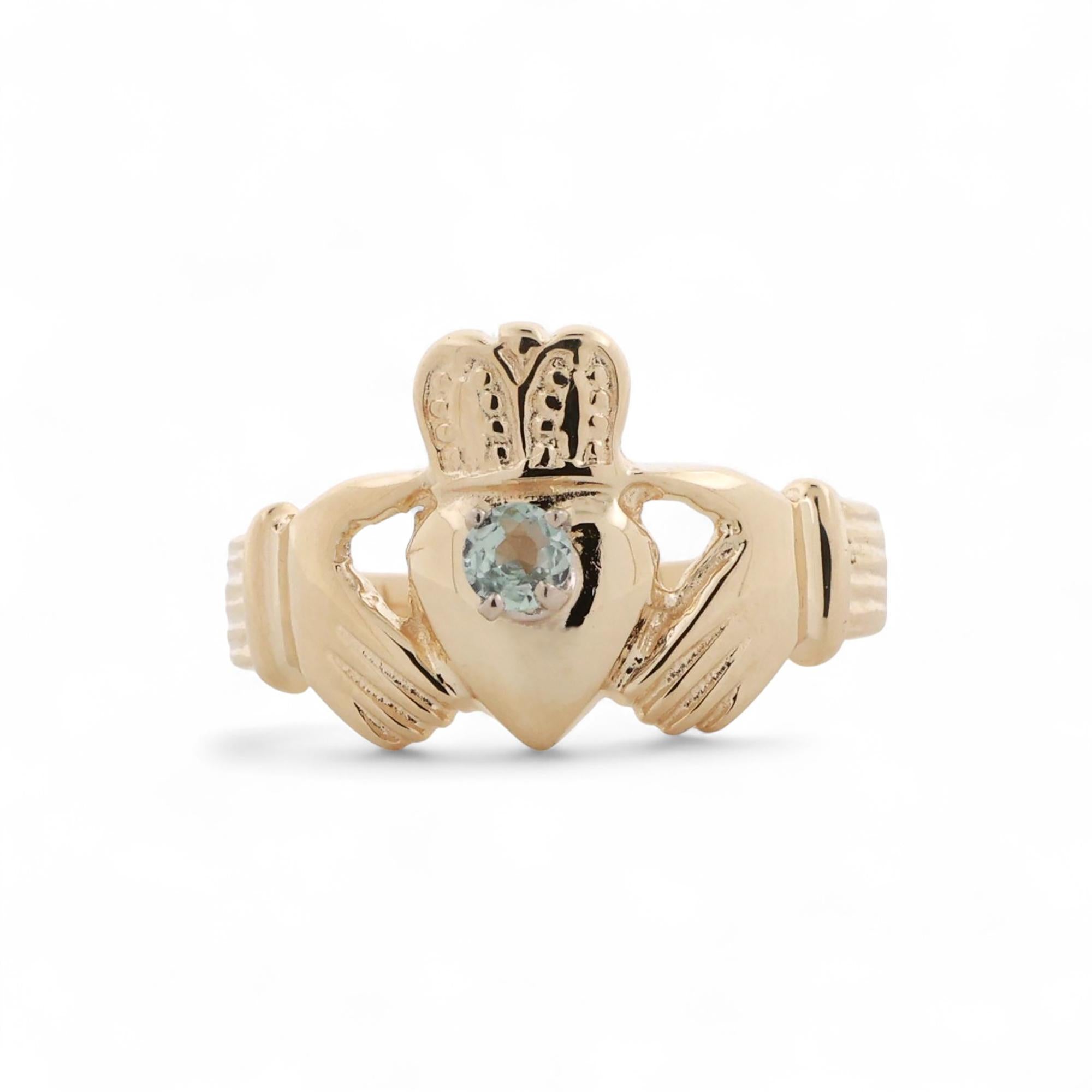 Claddagh Aquamarine Ring 14K Yellow Gold 0.12 CT Size 8.75 Vintage Estate