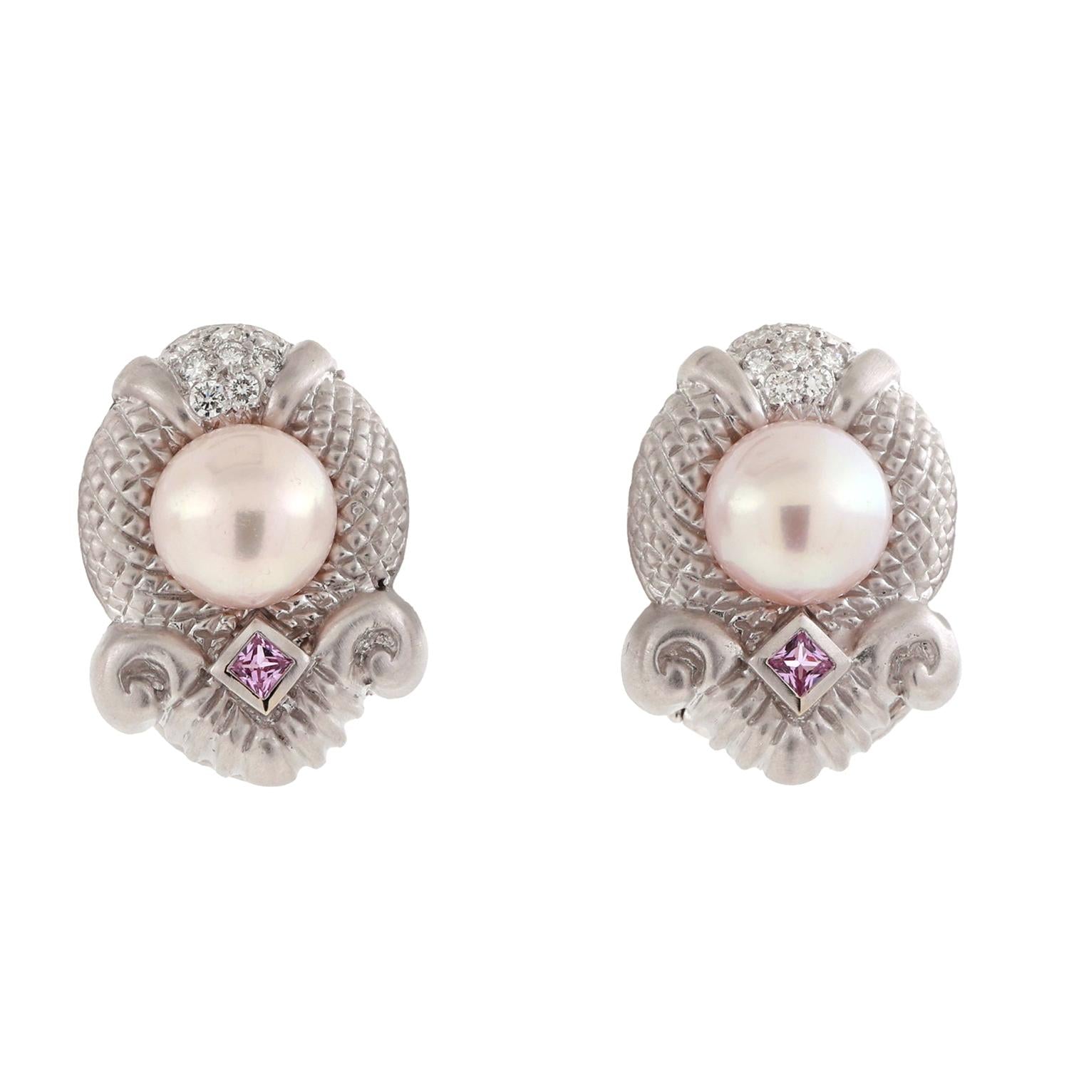 Judith Ripka Akoya Pearl Diamond Pink Topaz Earrings Omega Backs 18K W/G Ladies