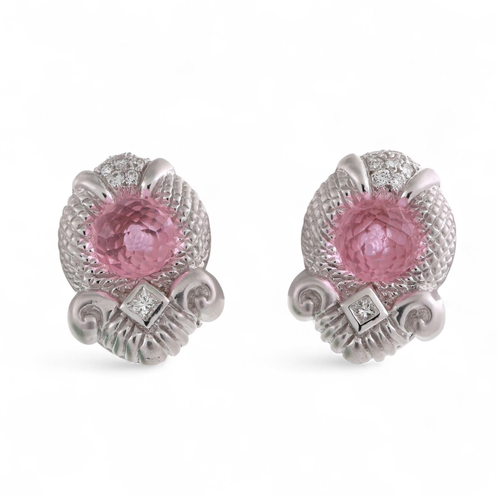 Judith Ripka Pink Topaz Diamond Earrings 18K White Gold Omega Backs 0.45"