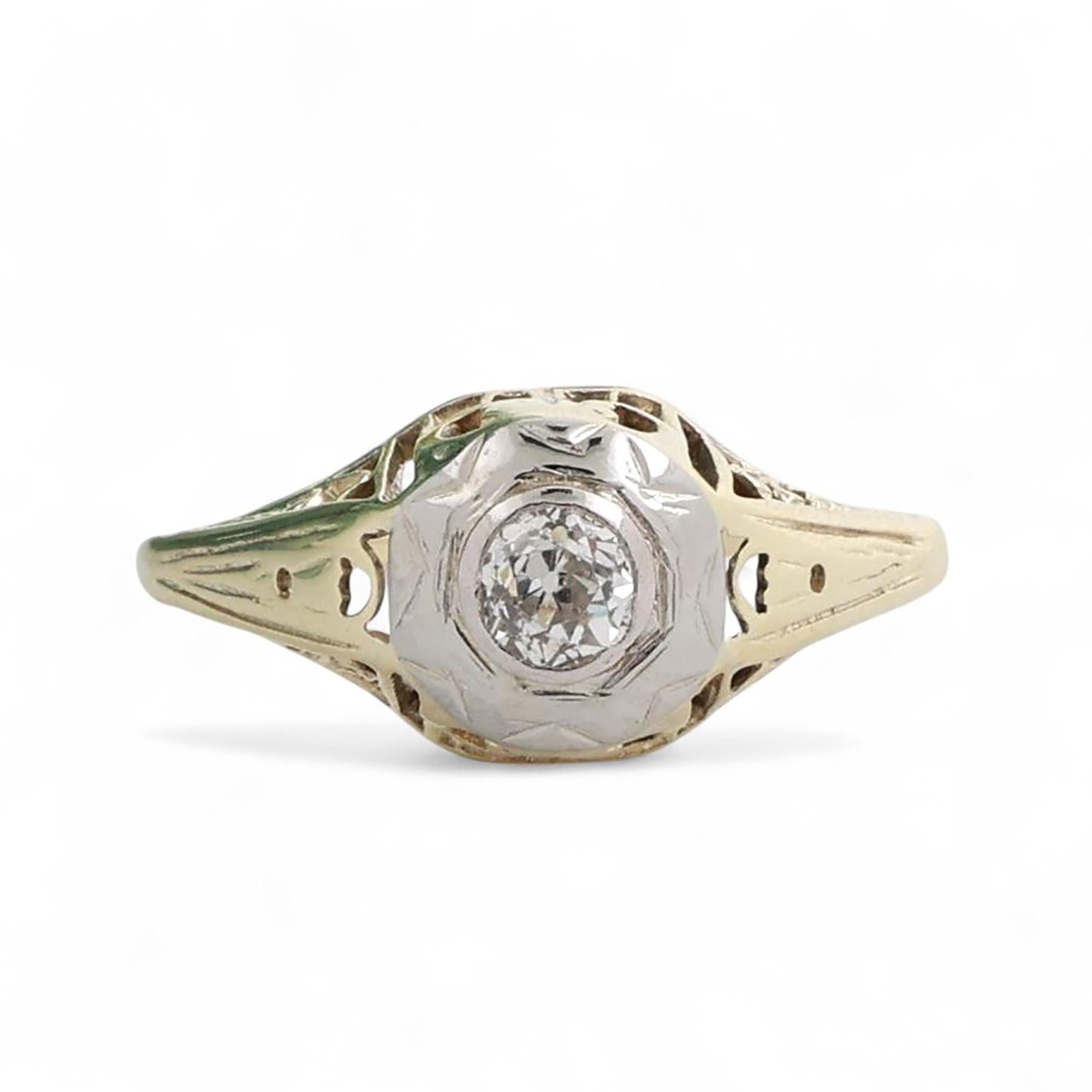 Vintage Solitaire Diamond Filigree Pinkie Ring 2-Tone Gold 0.15 CT Size 3.75