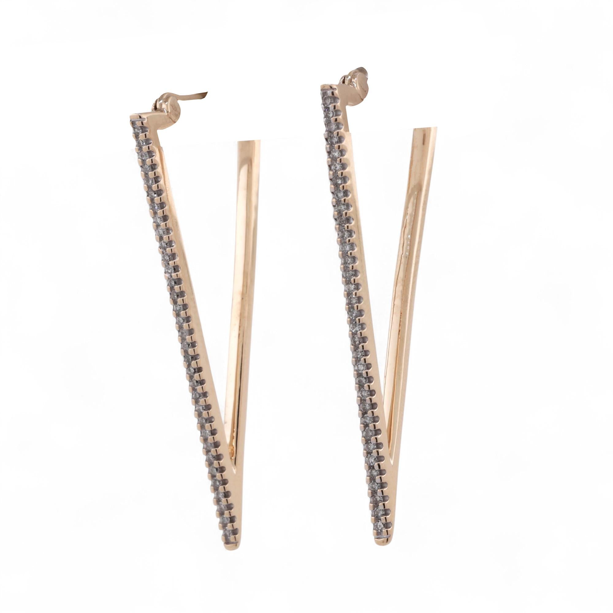 0.35 TW Diamond Triangular Hoop Earrings 10K Yellow Gold 1.65" Contemporary