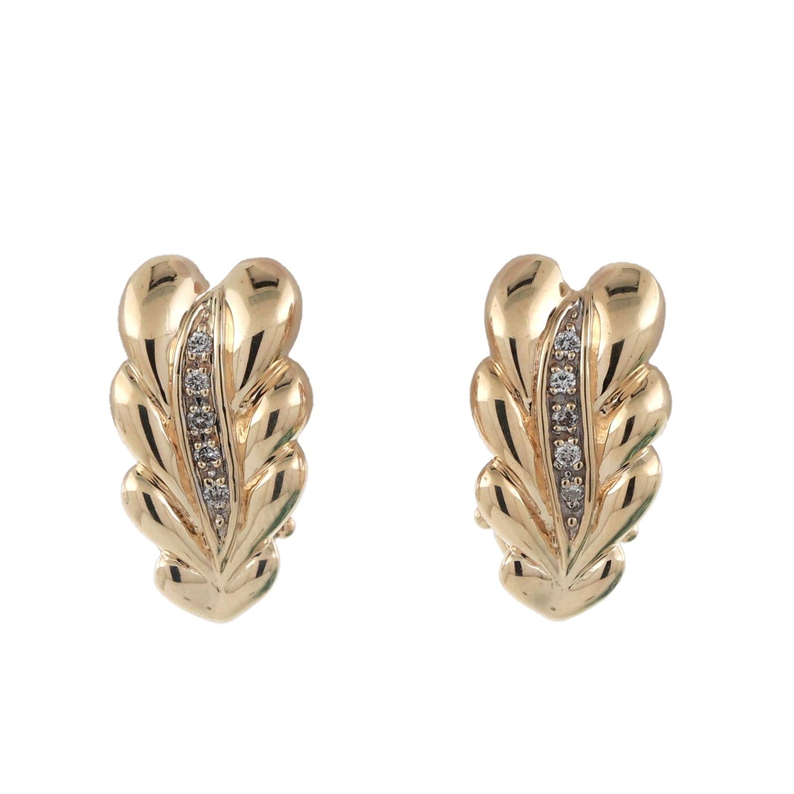 Diamond Floral J Hoop Earrings 14K Yellow Gold 0.12 TW Omega Backs 0.50" Ladies