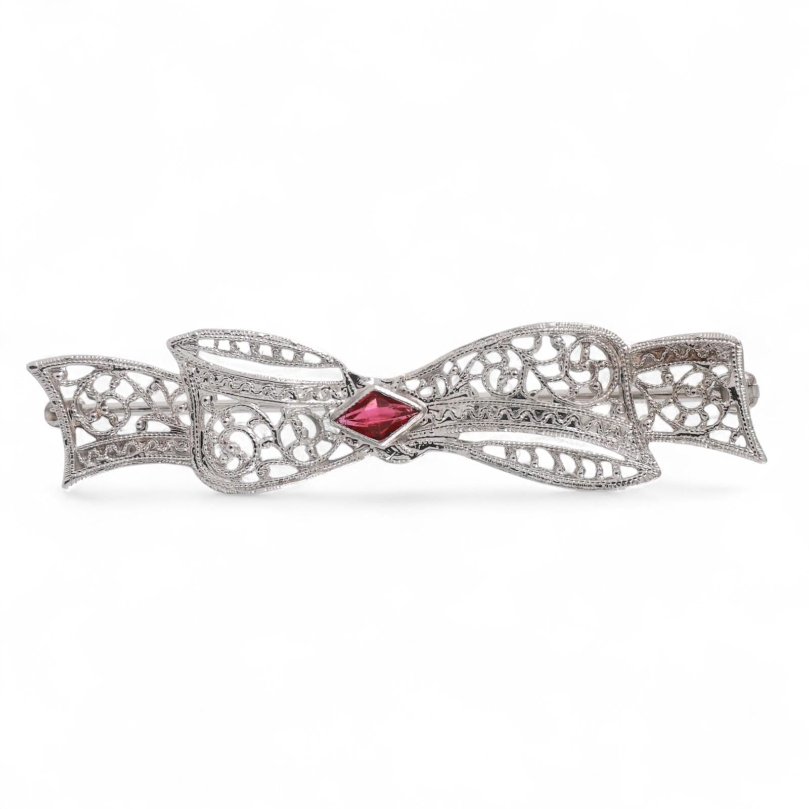 Vintage Ruby Filigree Bow Brooch Pin 10K White Gold 0.16 TW Ladies Estate