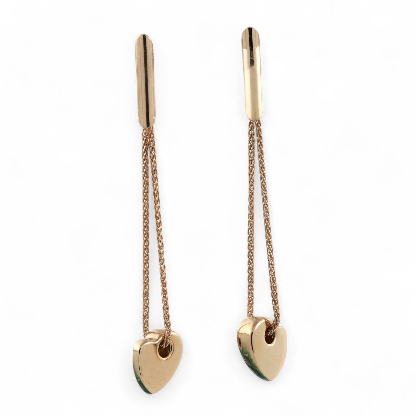 Drop Dangle Heart Earrings 14K Yellow Gold Chain Link 2.20" Ladies Estate