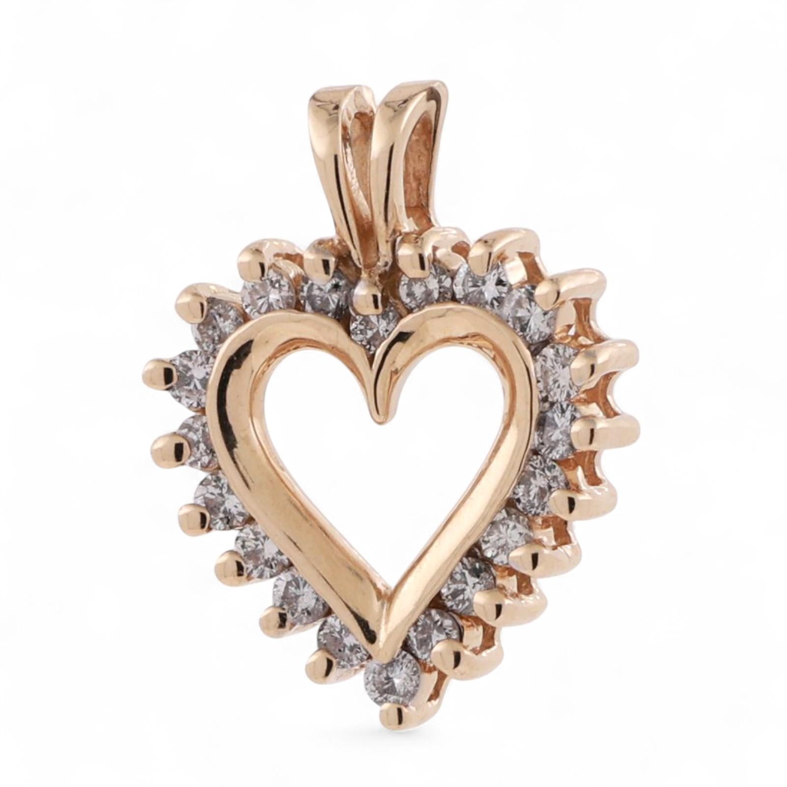 0.50 TW Diamond Open Heart Pendant Charm 14K Yellow Gold 0.75" Ladies Girls