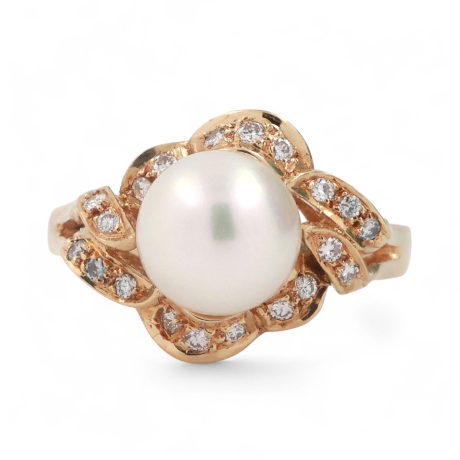 Mikimoto Akoya Pearl Diamond Cocktail Ring 18K Yellow Gold Floral Size 6.5