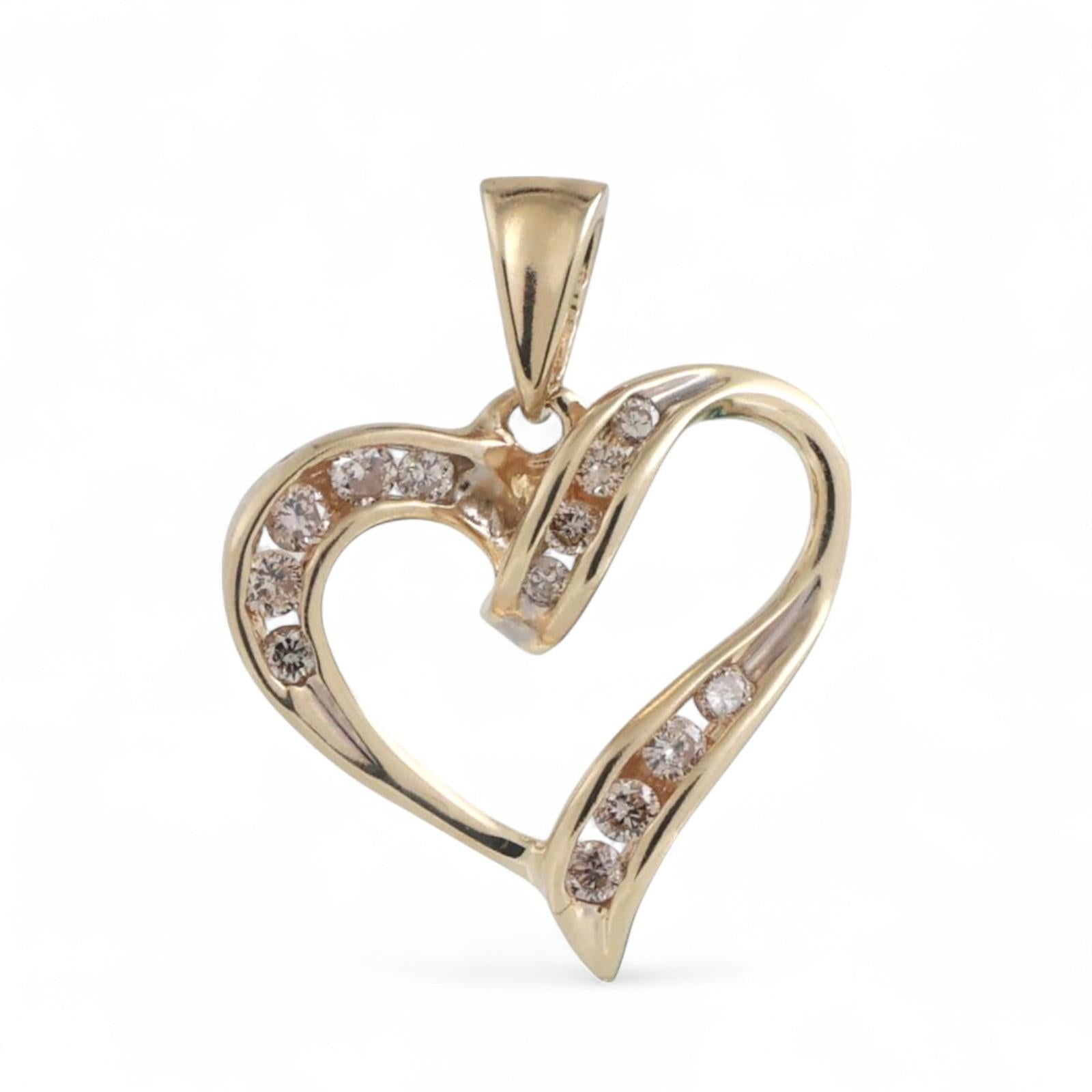 Diamond Open Heart Pendant 10K Yellow Gold 0.13 TW Channel Set 0.80" Ladies