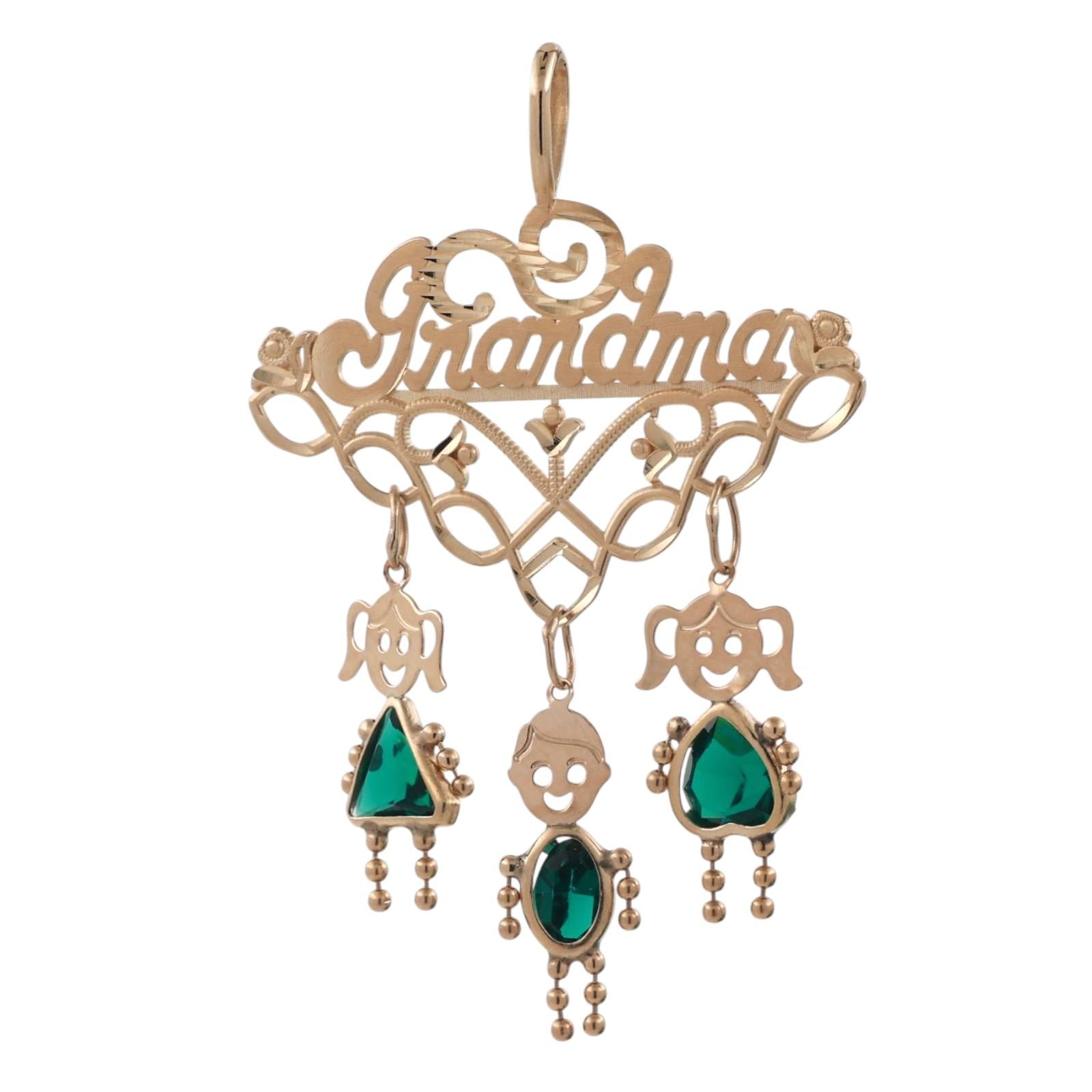 GRANDMA Pendant Charm 3 Dangle Gemstone Kid Charms 14K Yellow Gold 1.95"
