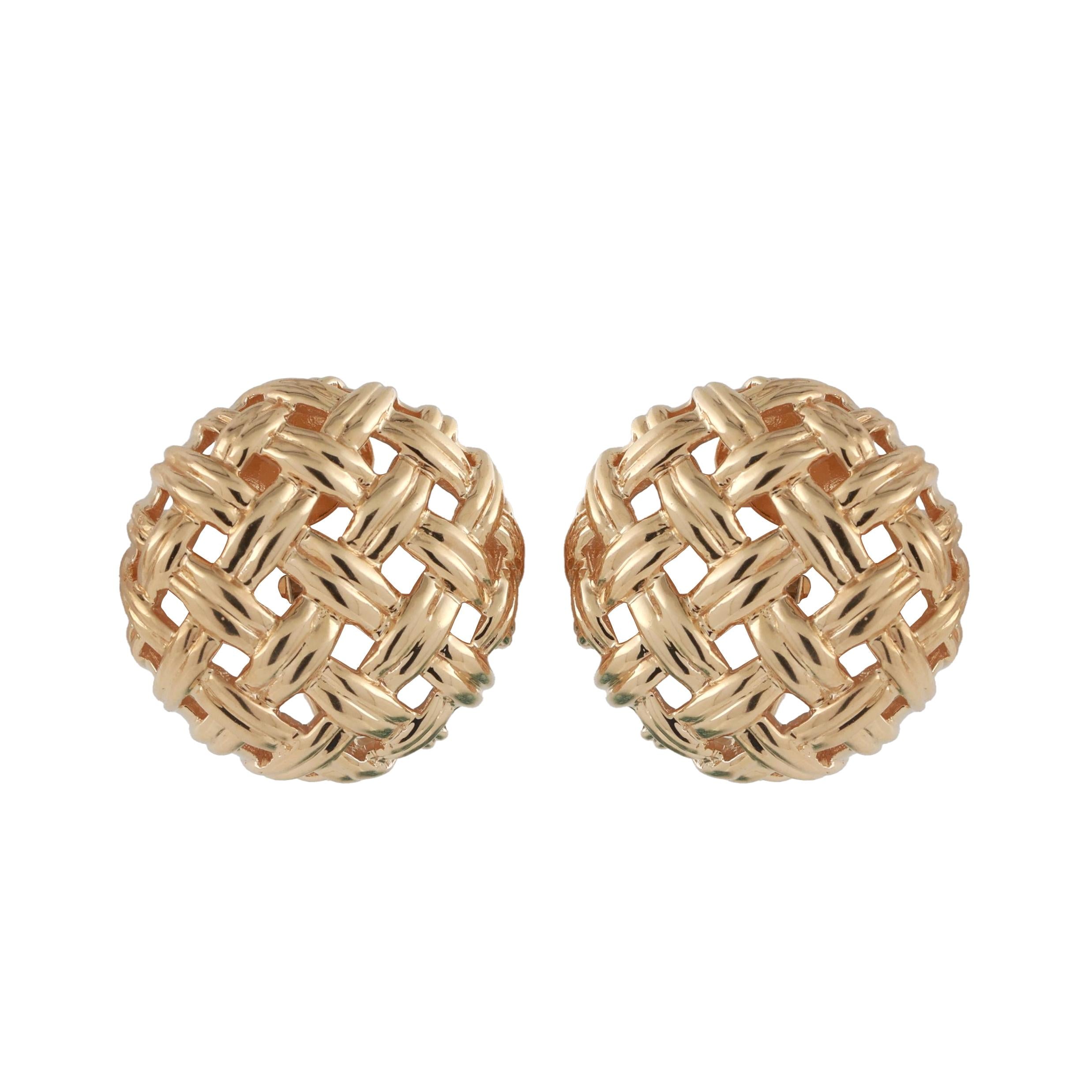Jean Vitau 18K Yellow Gold Basket Weave Button Earrings 0.95" Ladies Estate