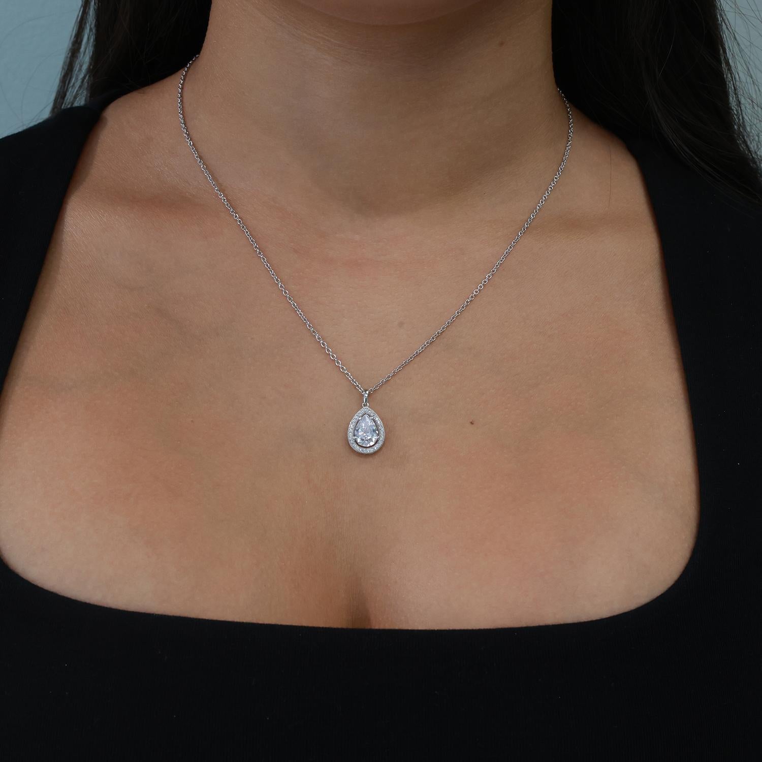 Teardrop Cubic Zirconia Halo Pendant 14K White Gold 0.78" Estate