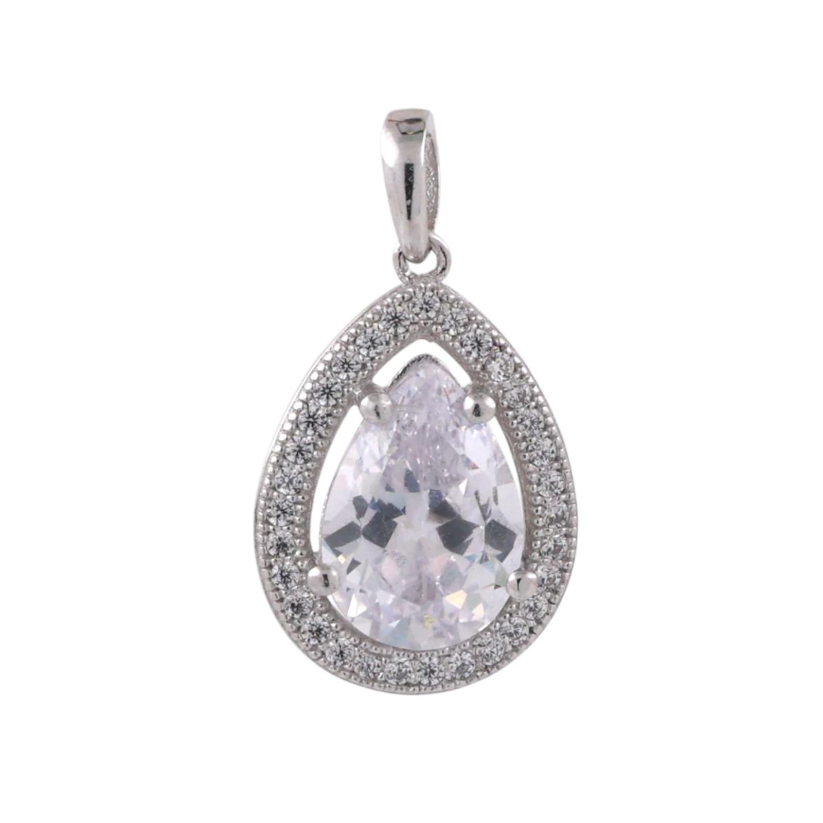 Teardrop Cubic Zirconia Halo Pendant 14K White Gold 0.78" Estate