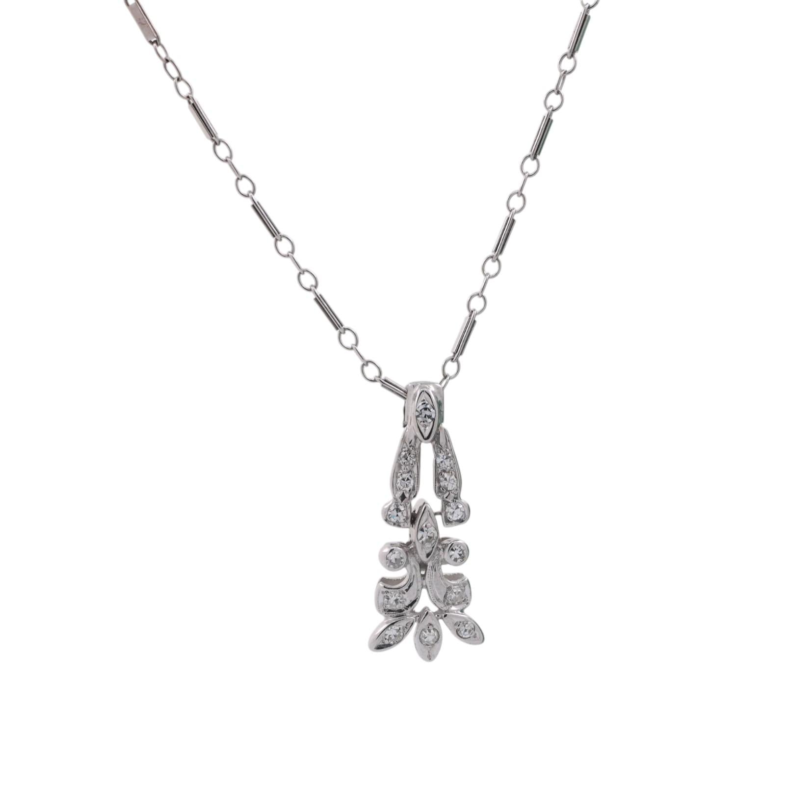 0.15 TW Diamond Floral Pendant Chain Necklace 14K White Gold 16.25" Ladies