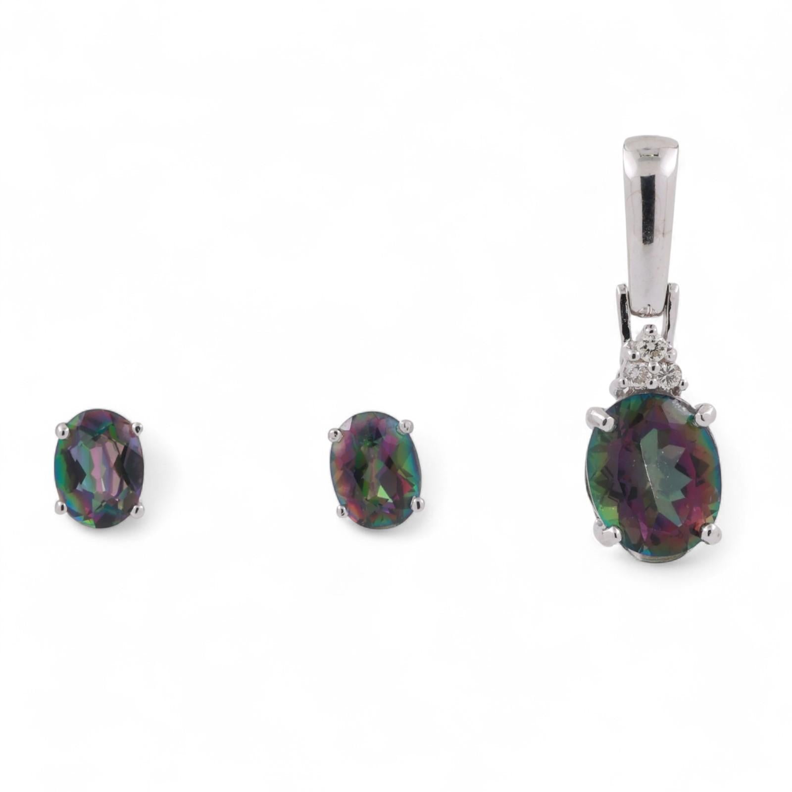 Mystic Topaz Diamond Pendant Earring Set 14K White Gold 7.80 CTW Estate
