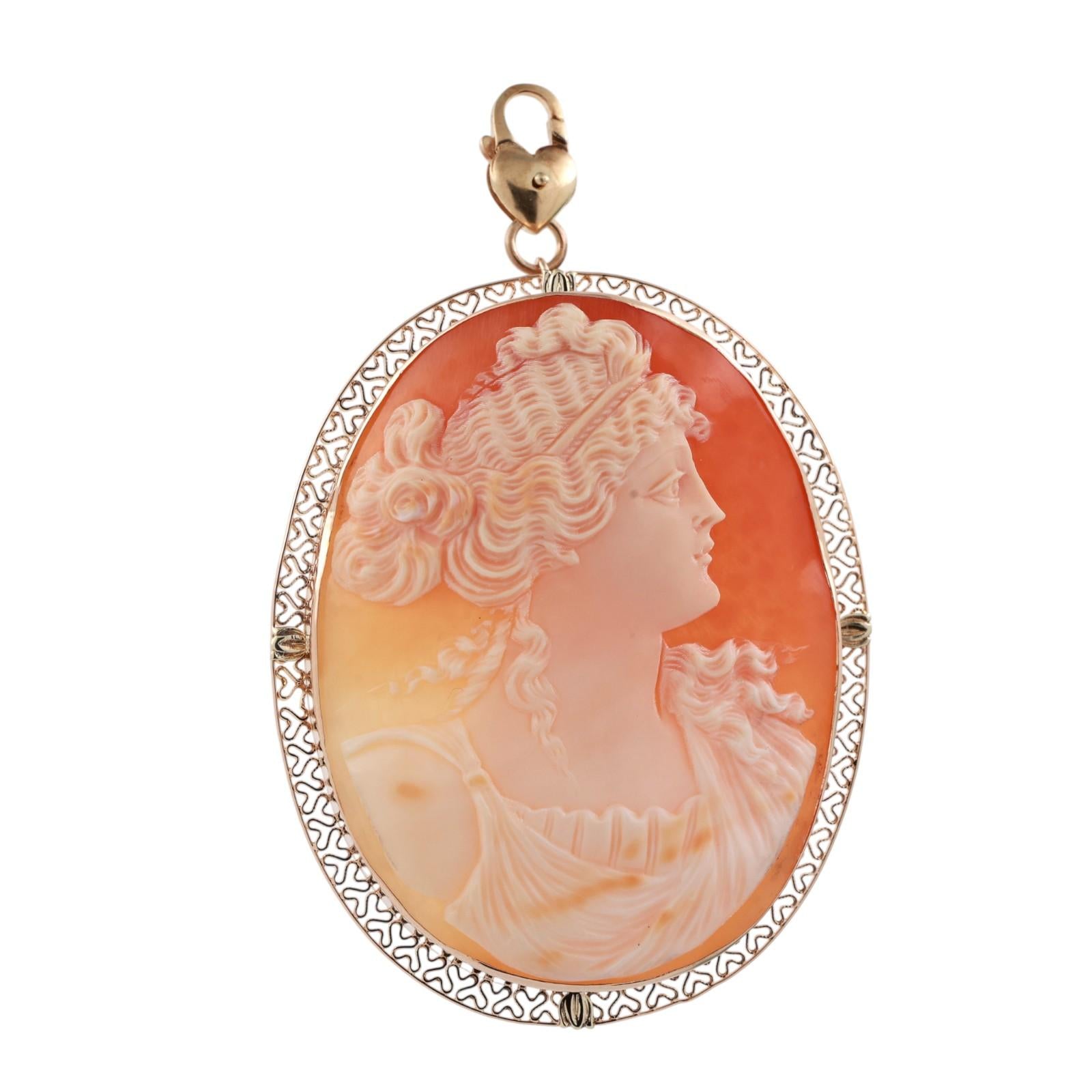 Vintage Cameo Brooch Pin Pendant Yellow Gold Frame 3.35" Ladies Estate