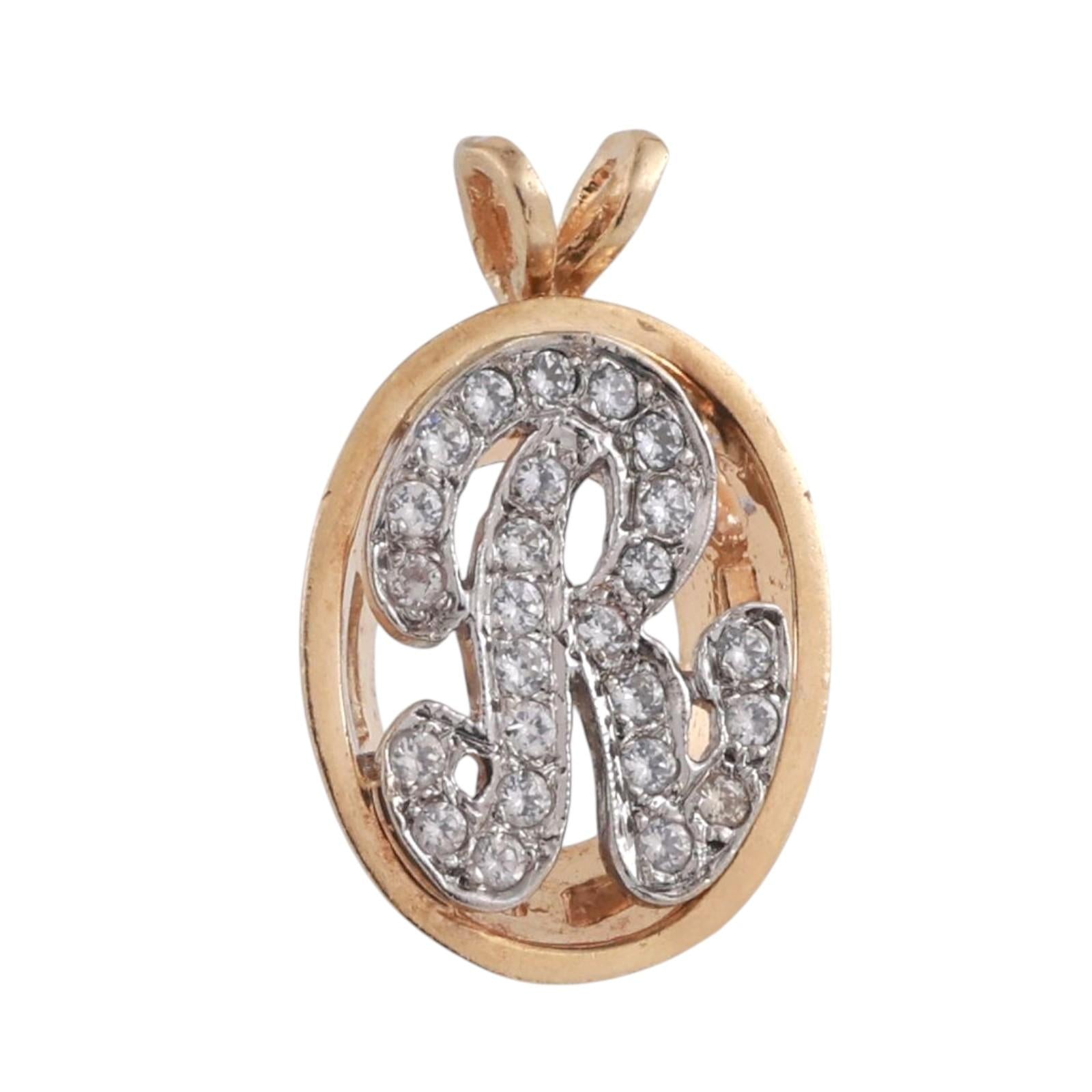 Fancy Letter R Diamond Oval Pendant 14K Gold 0.50 TW 0.90" Unisex Estate