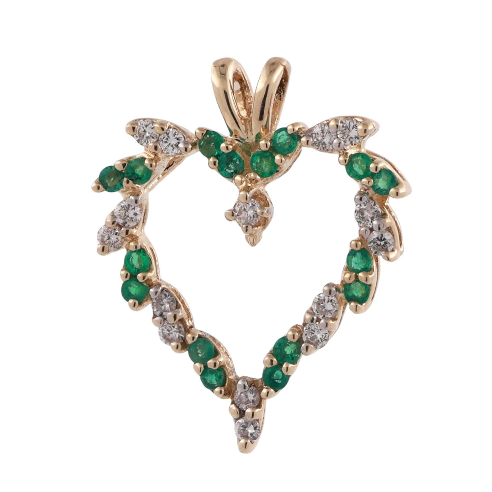 Emerald Diamond Open Heart Pendant 14K Yellow Gold 0.65 CTW 0.98" Ladies Estate