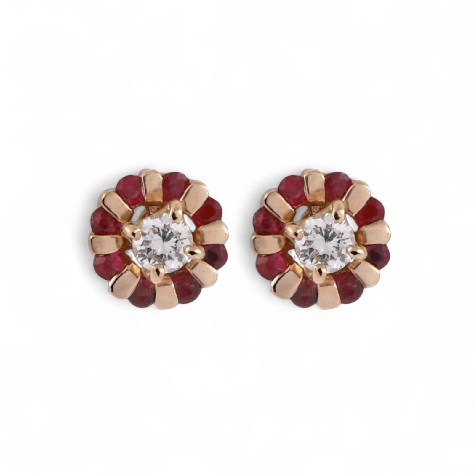 0.32 CTW Ruby Flower Earring Jackets 14K Yellow Gold 3 mm Studs Ladies Estate