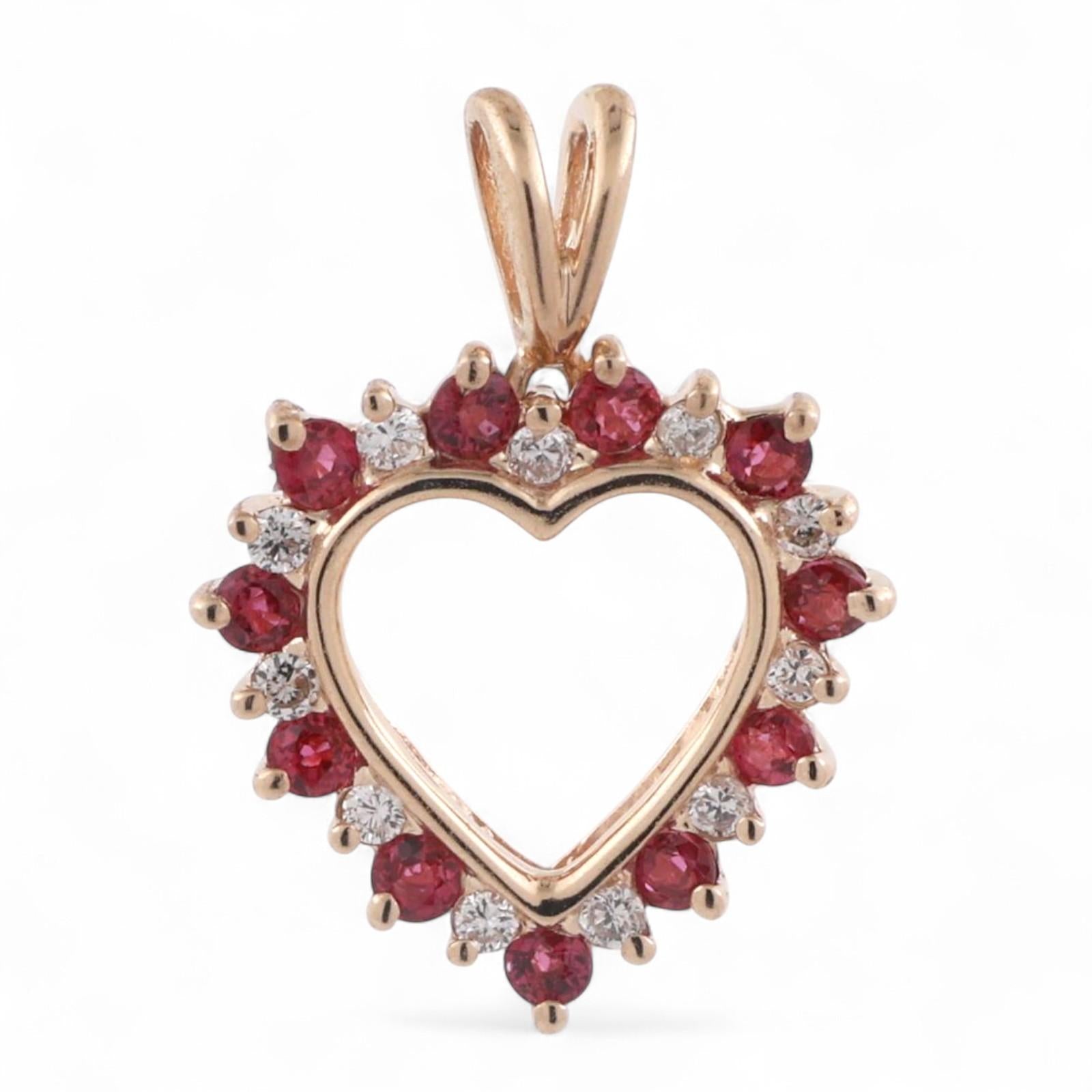 Ruby Diamond Open Heart Pendant Charm 14K Yellow Gold 0.69 CTW 0.80" Ladies