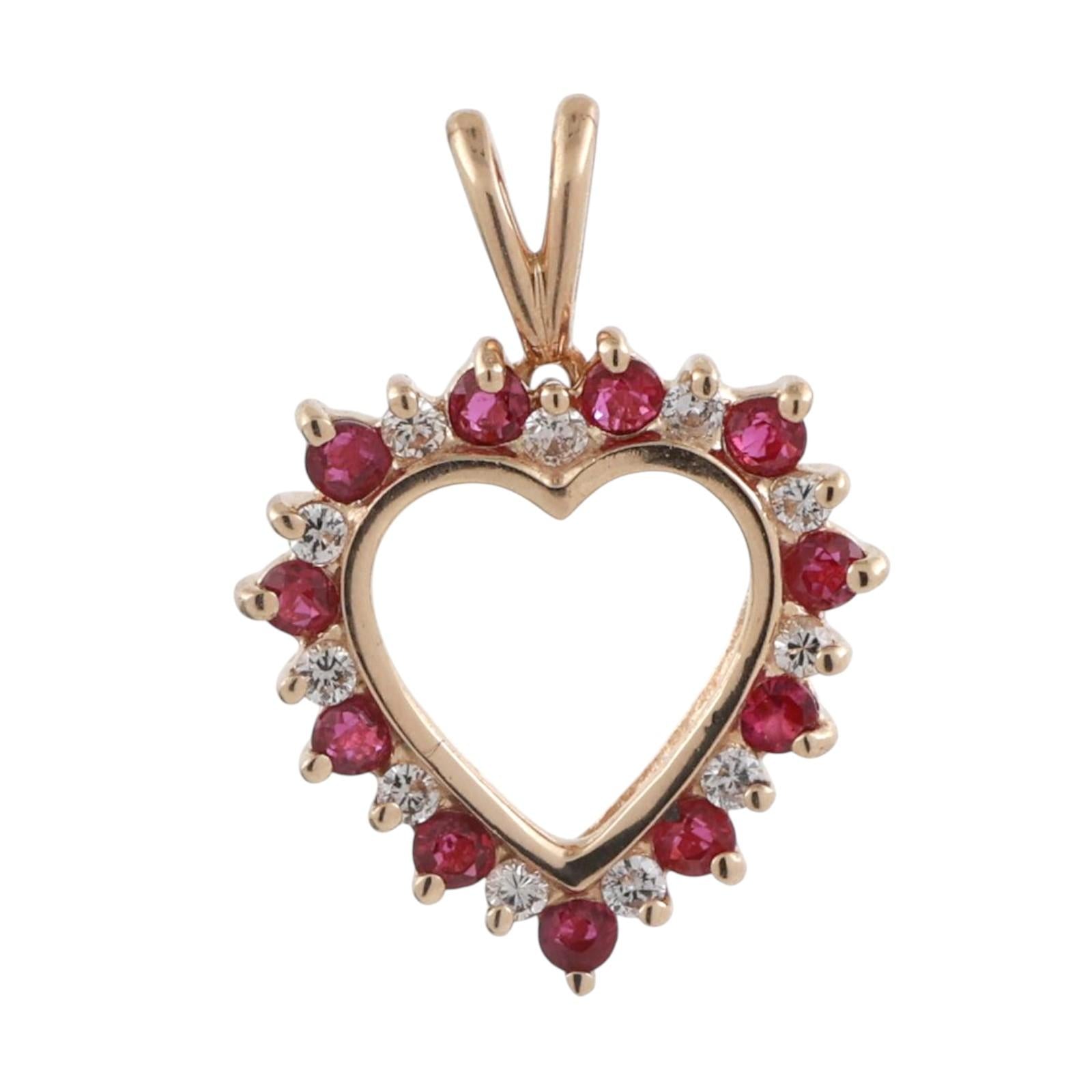 Ruby Diamond Open Heart Pendant Charm 14K Yellow Gold 0.66 CTW 0.80" Ladies