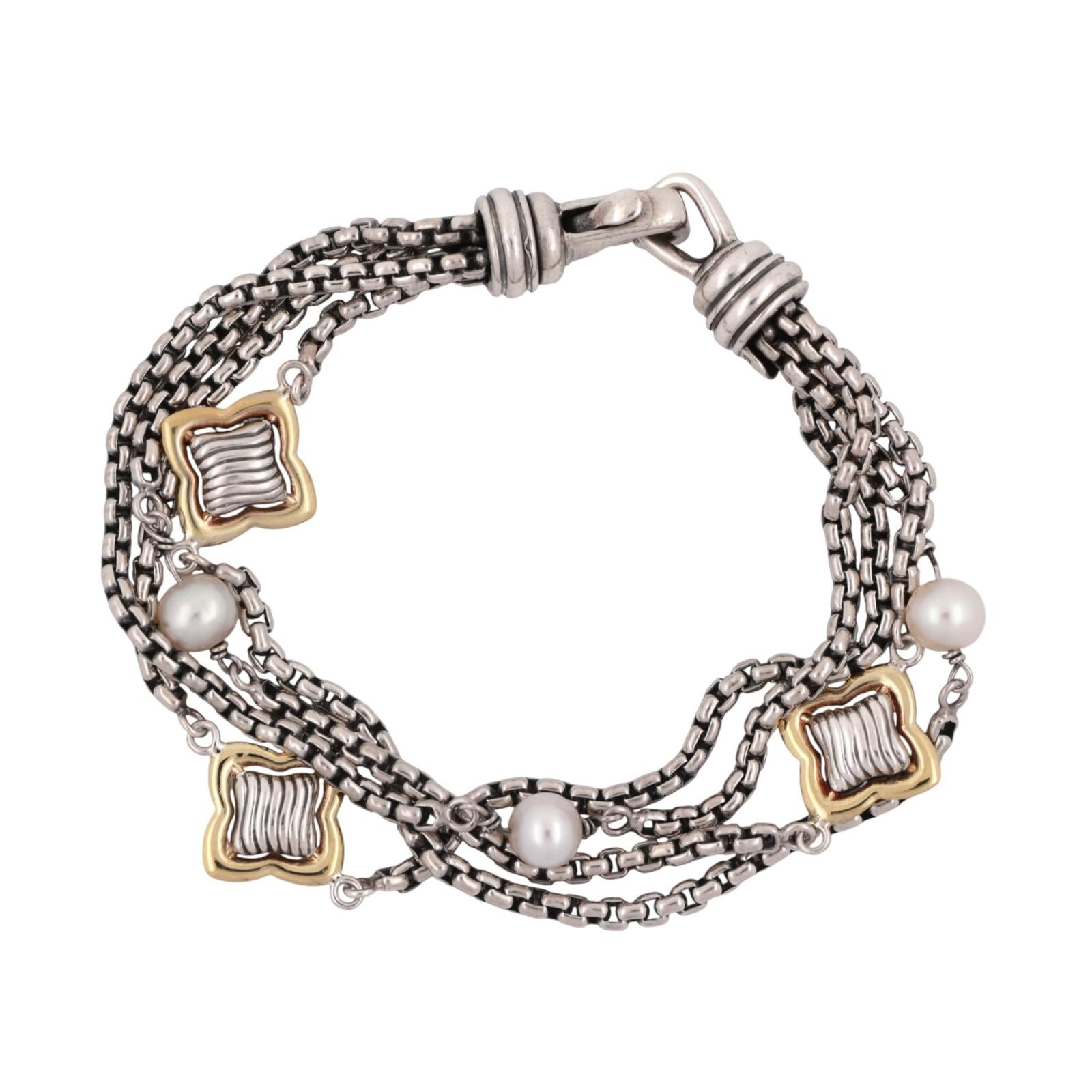David Yurman Pearl MultiStrand Quatrefoil Bracelet Sterling Silver 18K Gold 7.5"