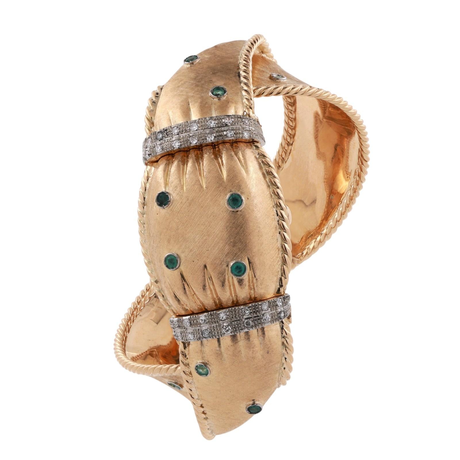 Ladies 1970s Omega Cover Case Watch Bracelet 18K Gold Diamonds Emeralds 6.75"