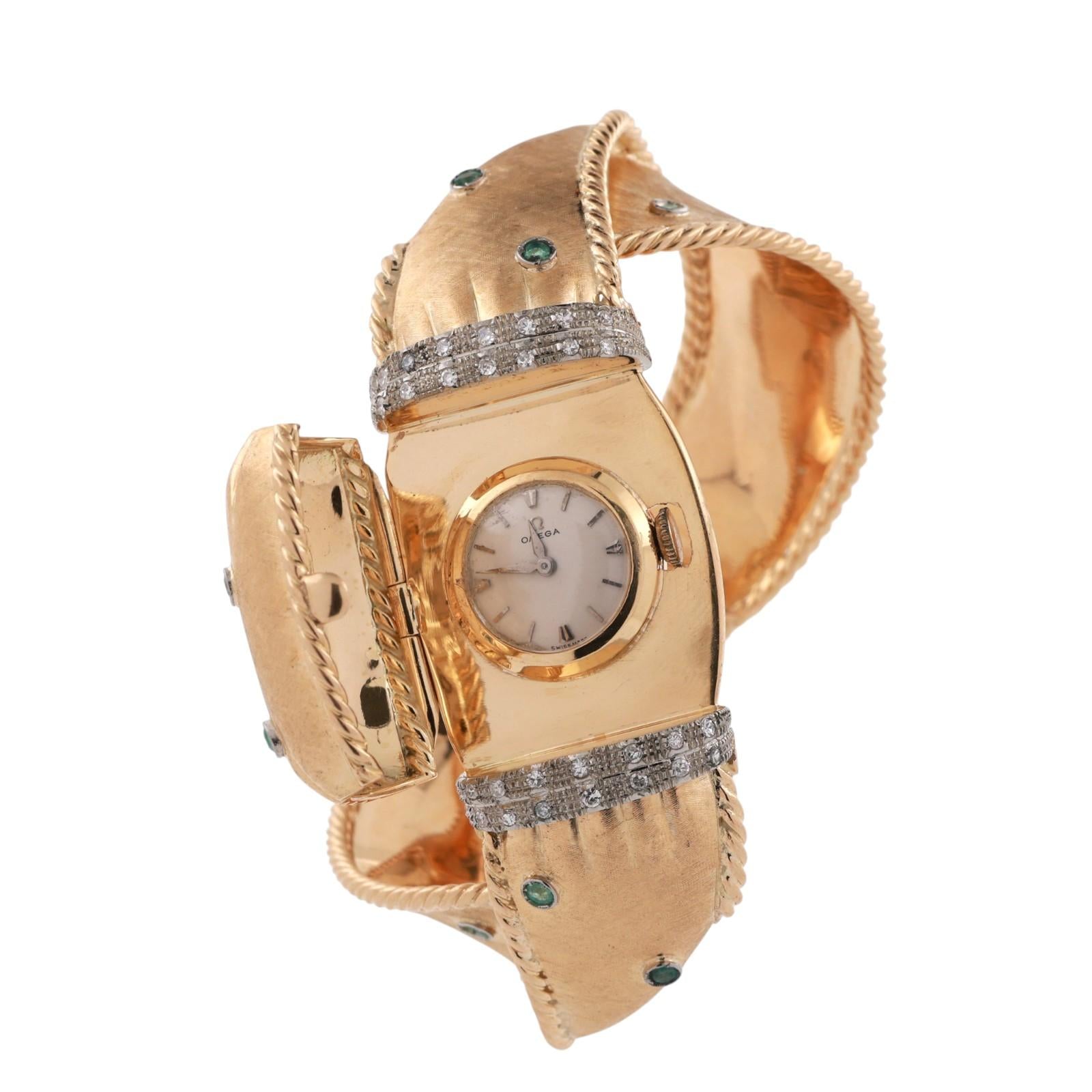 Ladies 1970s Omega Cover Case Watch Bracelet 18K Gold Diamonds Emeralds 6.75"