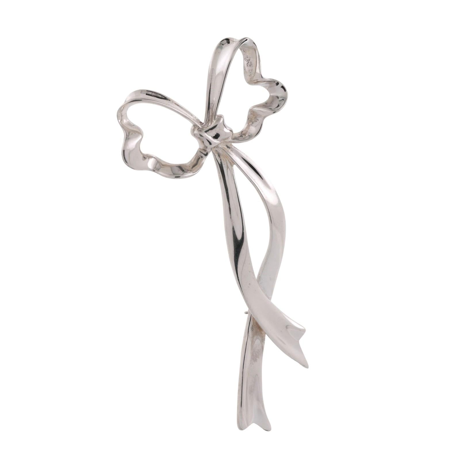 Vintage Tiffany & Co. 1985 Bow Ribbon Pin Brooch Sterling Silver 1.45" Estate