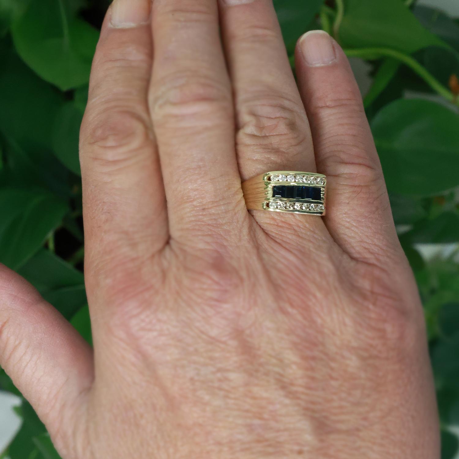 Mens Sapphire Diamond Band Ring 14K Yellow Gold 0.93 TW Size 10.5 Estate