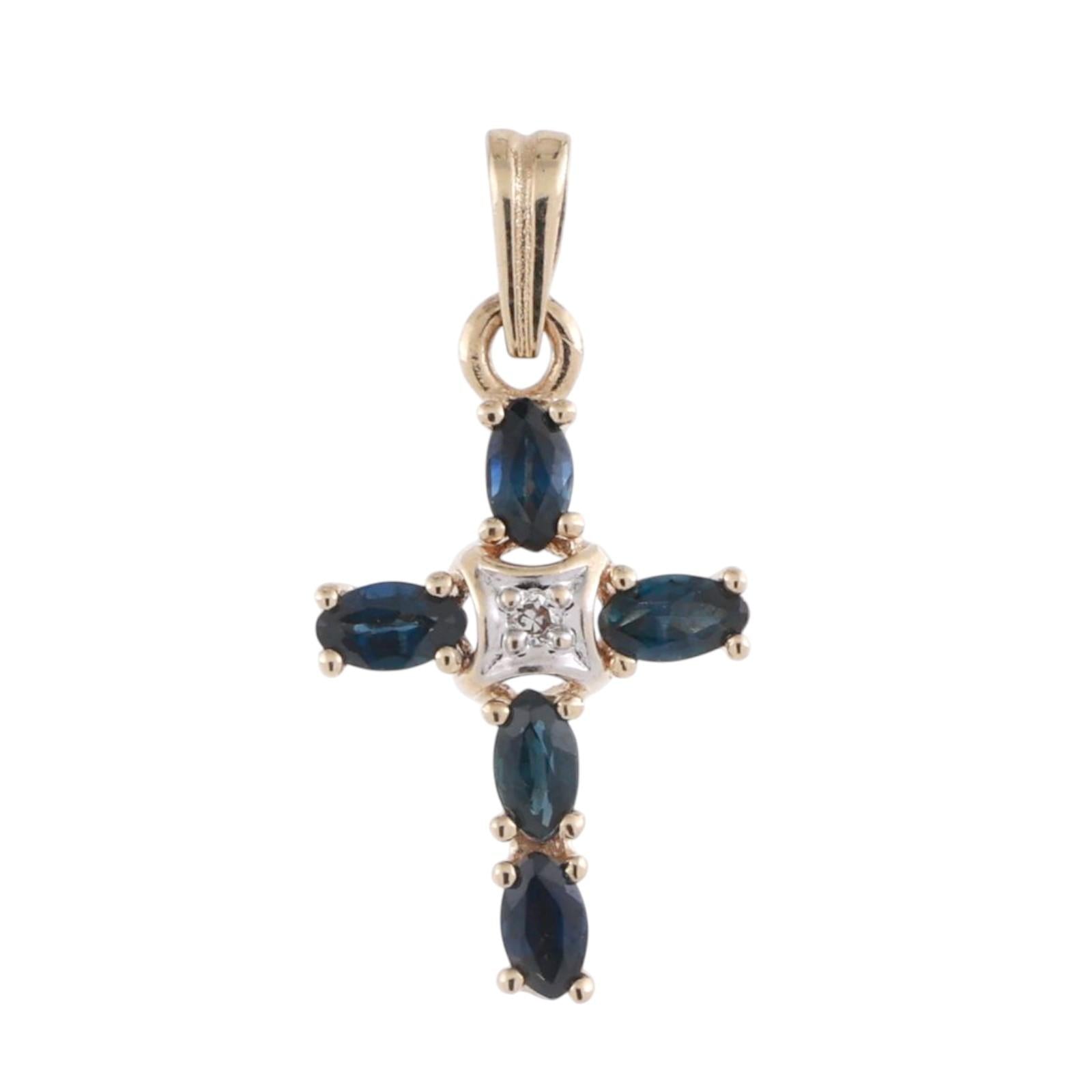 Religious Sapphire Diamond Cross Pendant 14K Gold 0.36 CTW 0.78" Estate