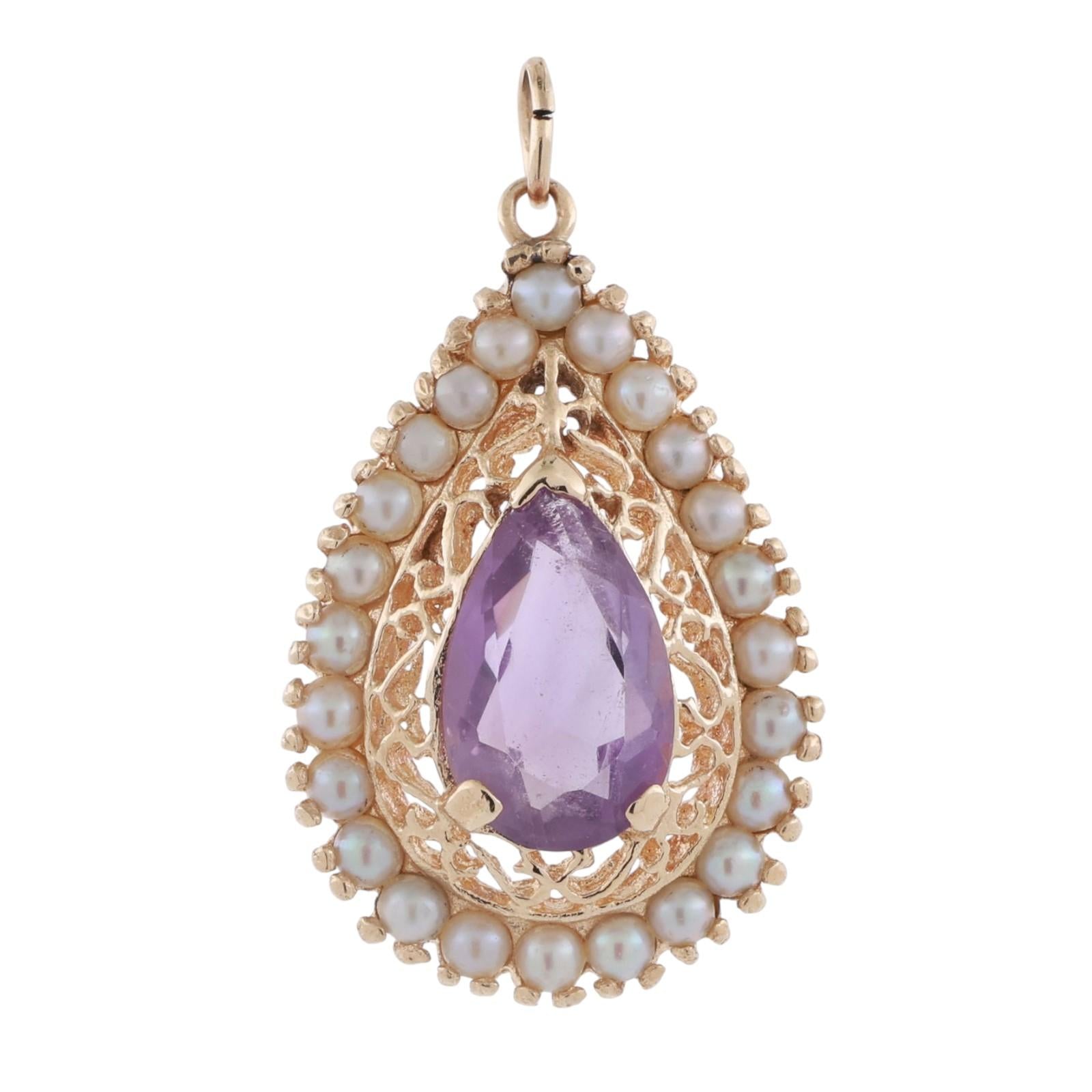 2.60 CT Amethyst Pearl Accent Teardrop Pendant 14K Yellow Gold 1.20" Estate